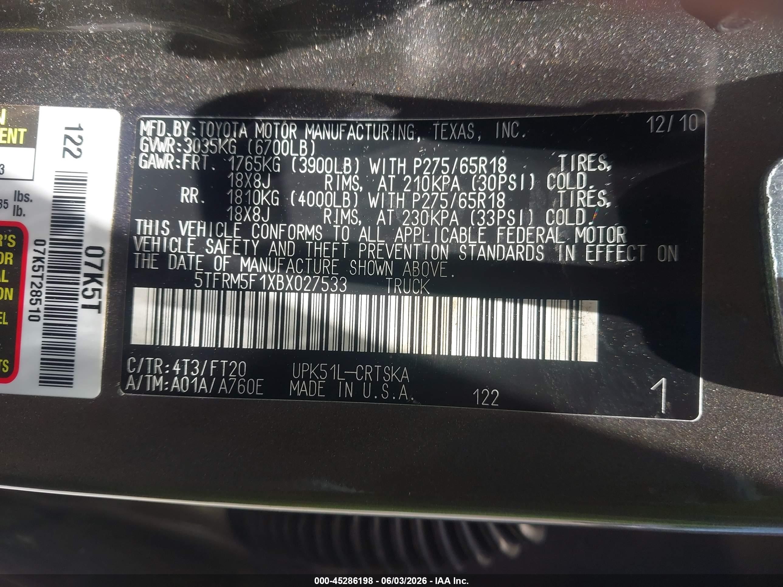 2011 Toyota Tundra Grade 4.6l V8 Brown vin: 5TFRM5F1XBX027533