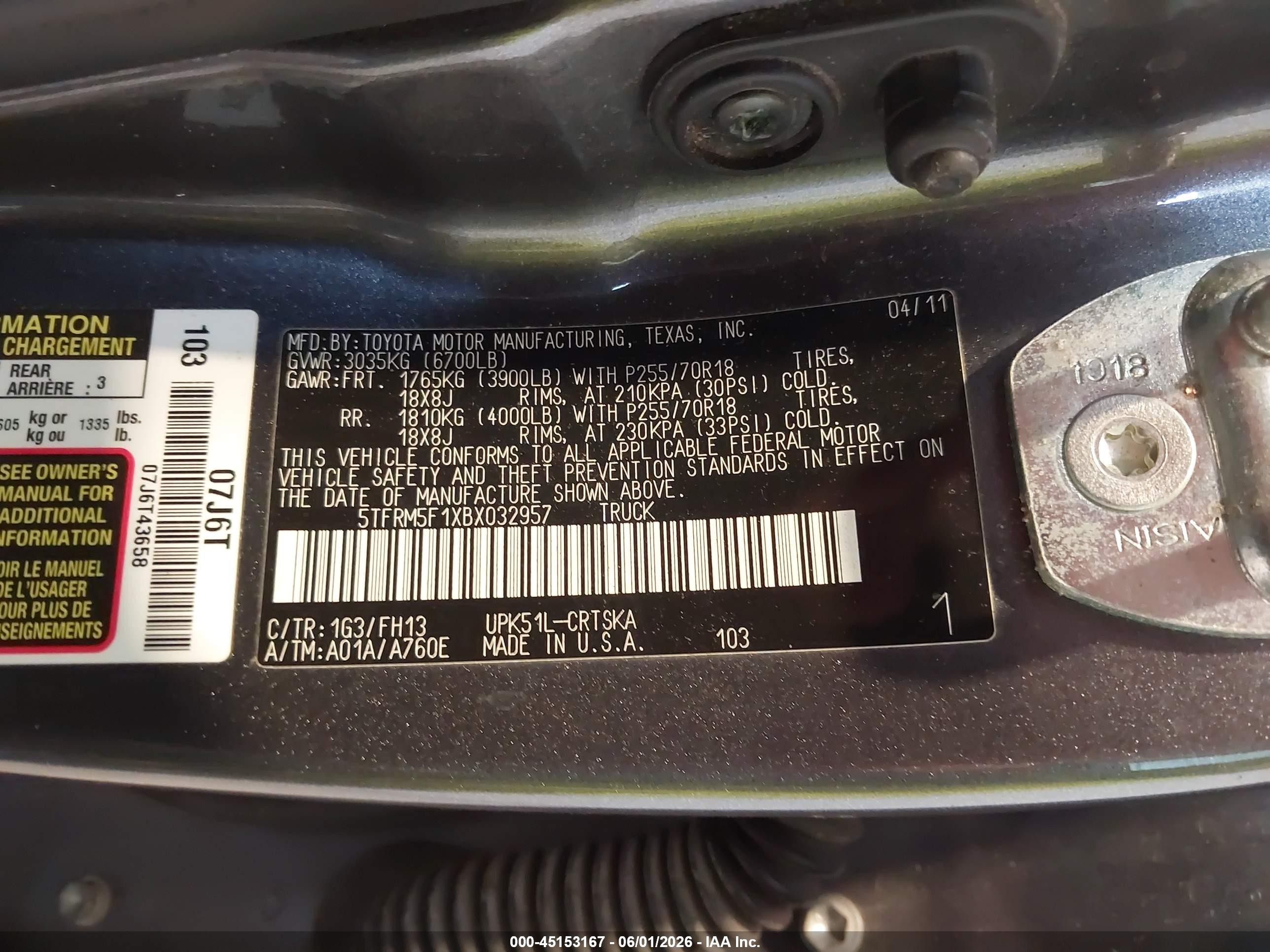 2011 Toyota Tundra Grade 4.6l V8 Серый vin: 5TFRM5F1XBX032957