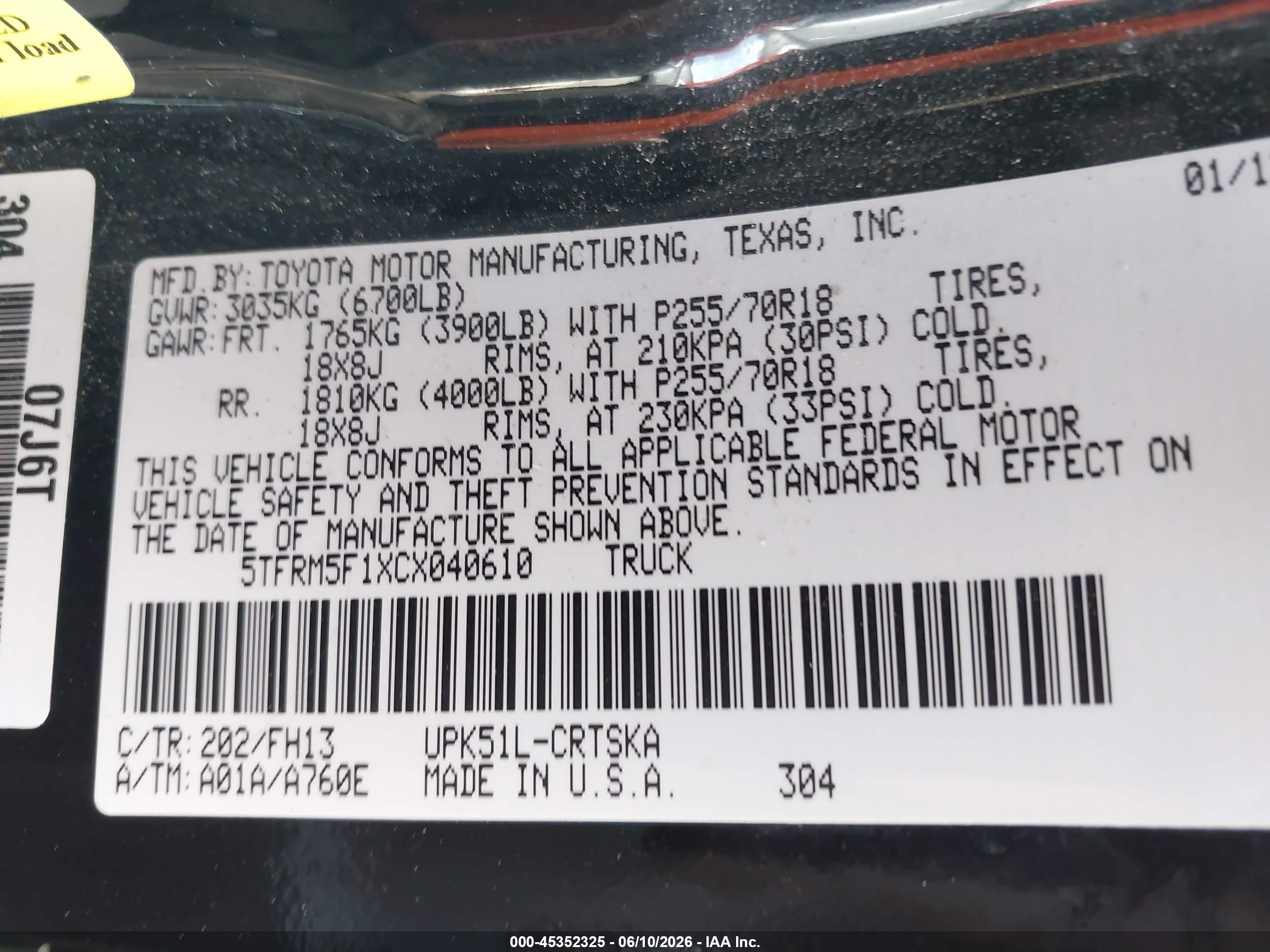2012 Toyota Tundra Grade 4.6l V8 Black vin: 5TFRM5F1XCX040610