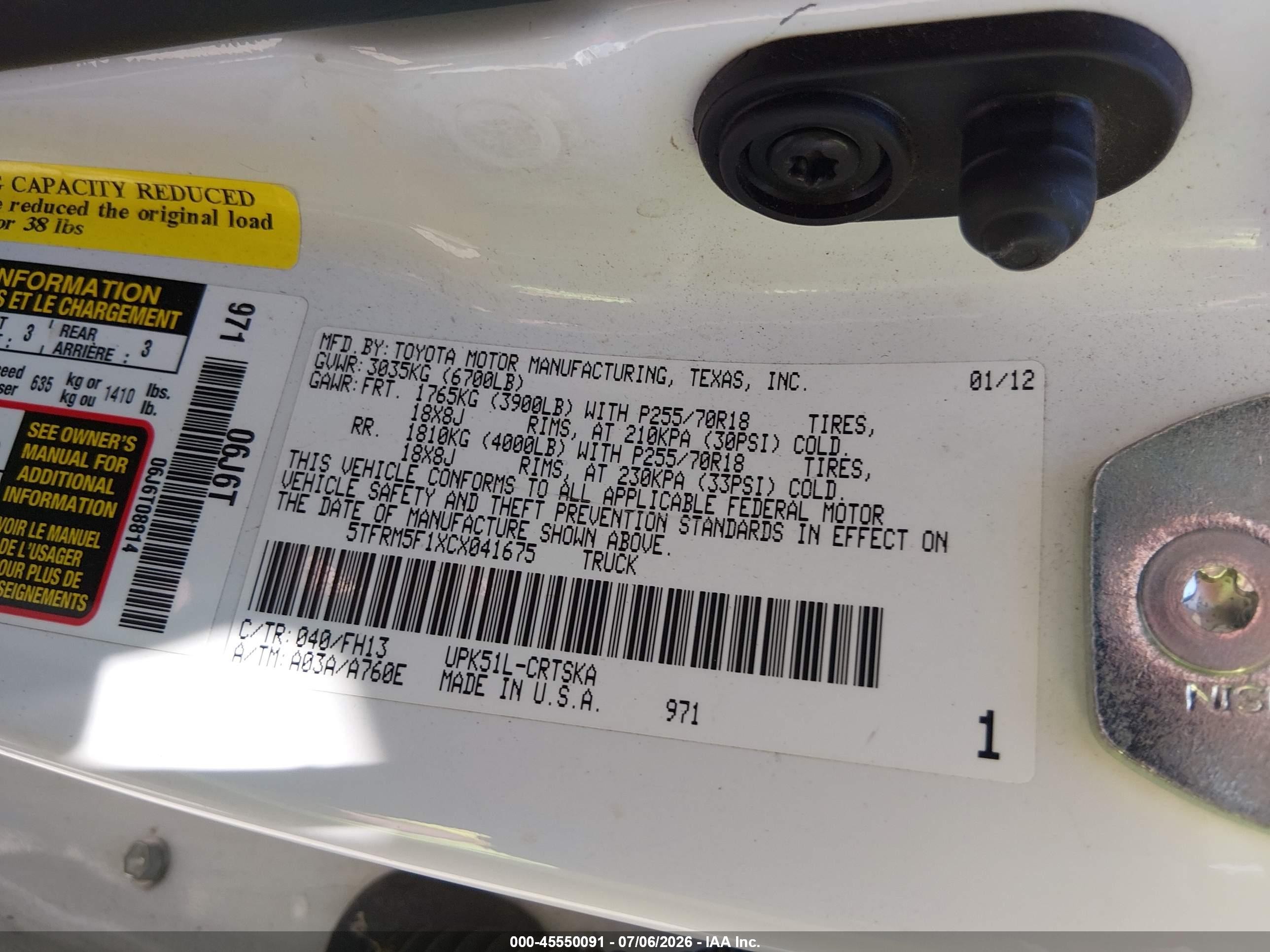 2012 Toyota Tundra Grade 4.6l V8 White vin: 5TFRM5F1XCX041675