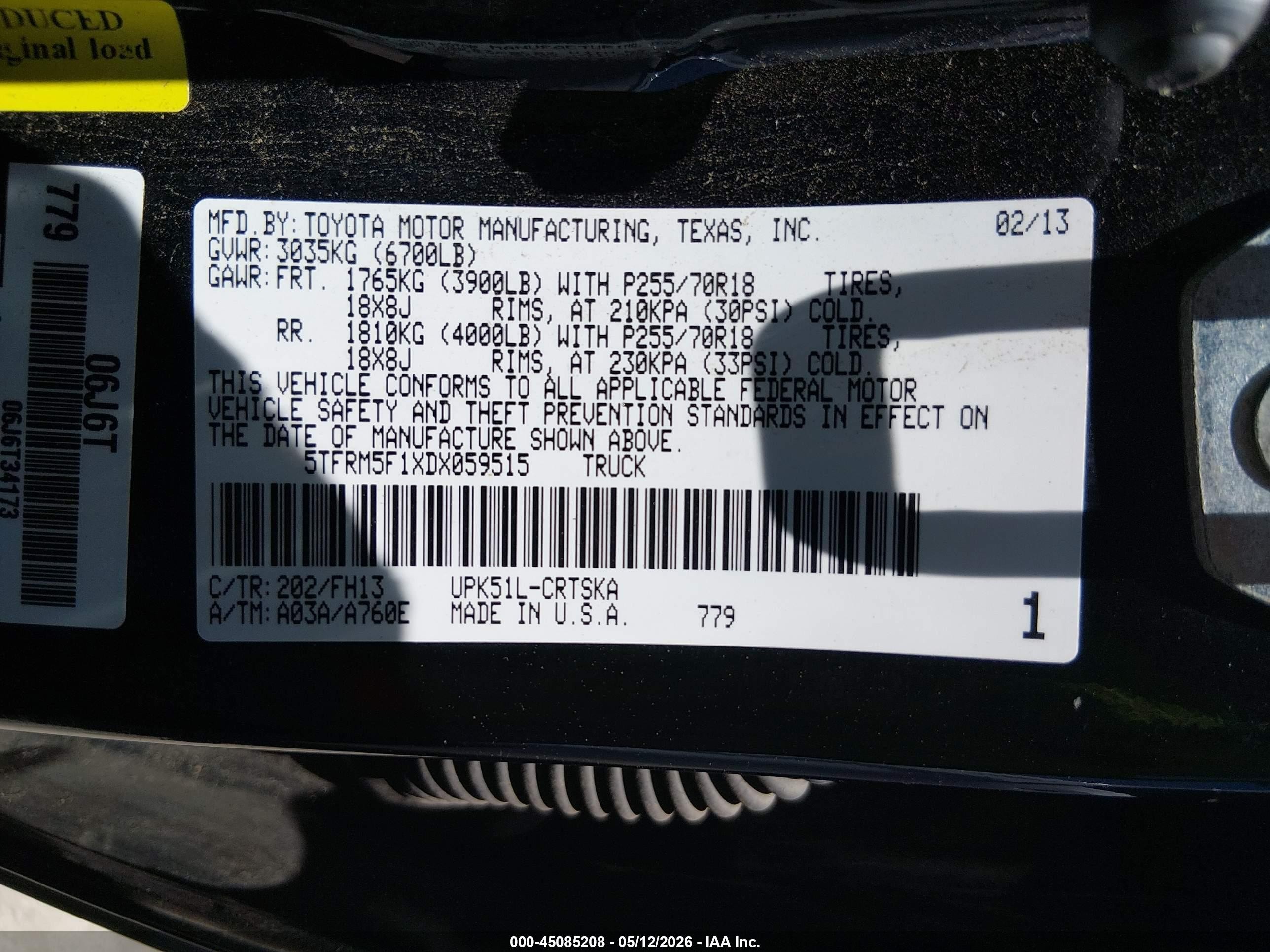 2013 Toyota Tundra Grade 4.6l V8 Black vin: 5TFRM5F1XDX059515