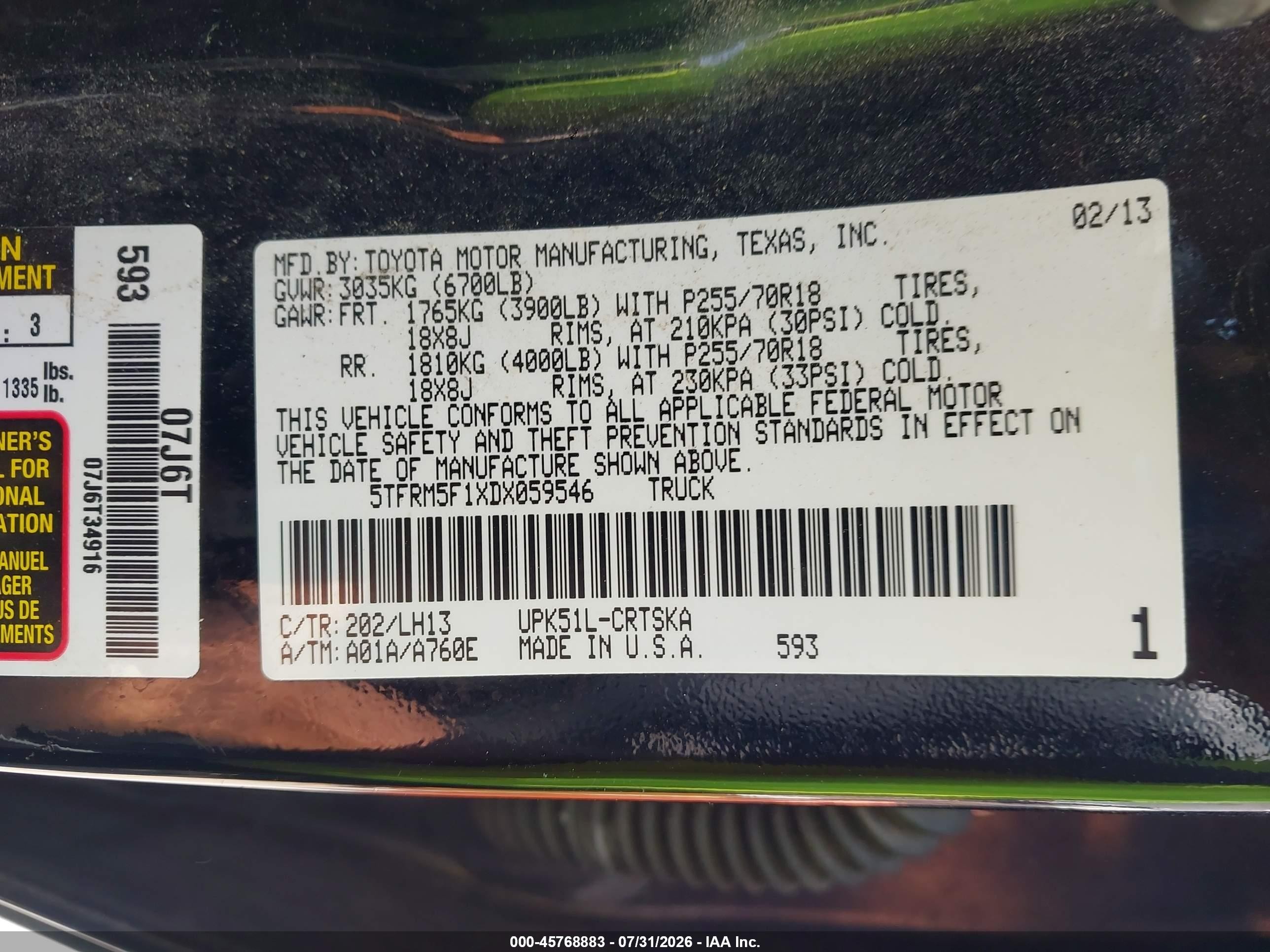2013 Toyota Tundra Grade 4.6l V8 Черный vin: 5TFRM5F1XDX059546