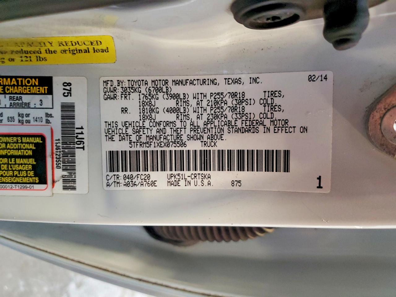 2014 Toyota Tundra Sr5 White vin: 5TFRM5F1XEX075506