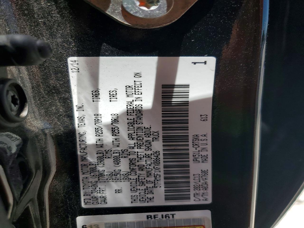 2015 Toyota Tundra Sr Black vin: 5TFRM5F1XFX086426