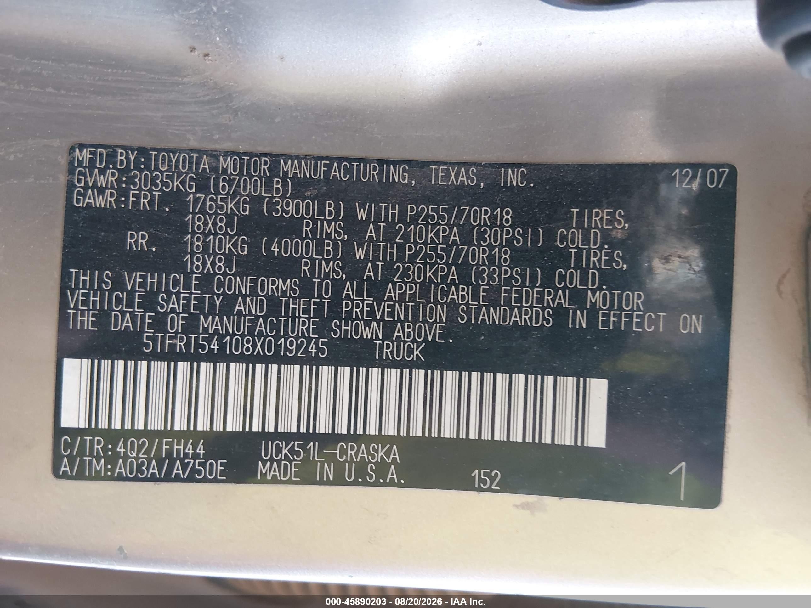 2008 Toyota Tundra Base 4.7l V8 Champagne vin: 5TFRT54108X019245