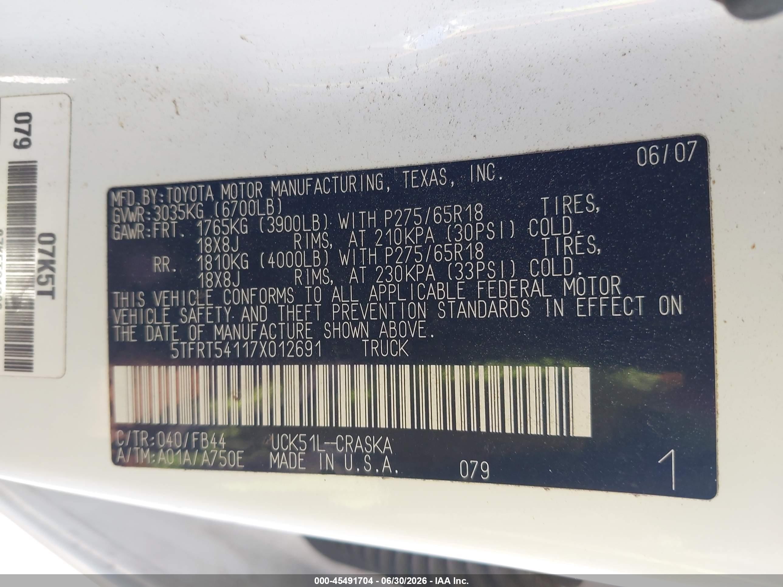 2007 Toyota Tundra Sr5 4.7l V8 White vin: 5TFRT54117X012691