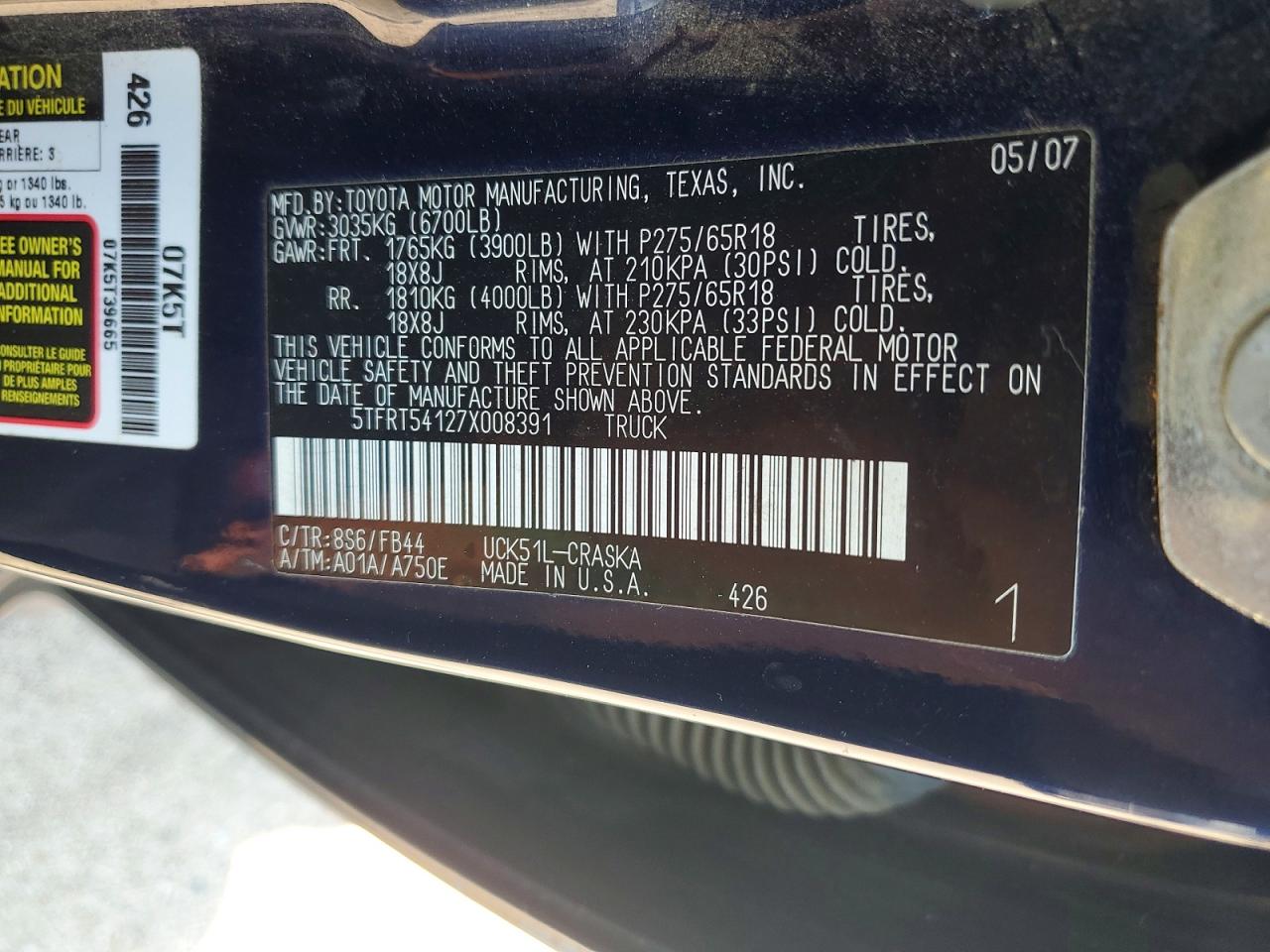 2007 Toyota Tundra Sr5 Blue vin: 5TFRT54127X008391