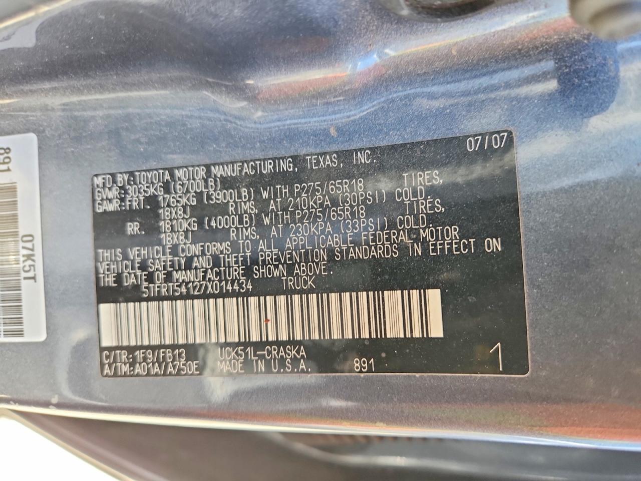 2007 Toyota Tundra Sr5 Blue vin: 5TFRT54127X014434