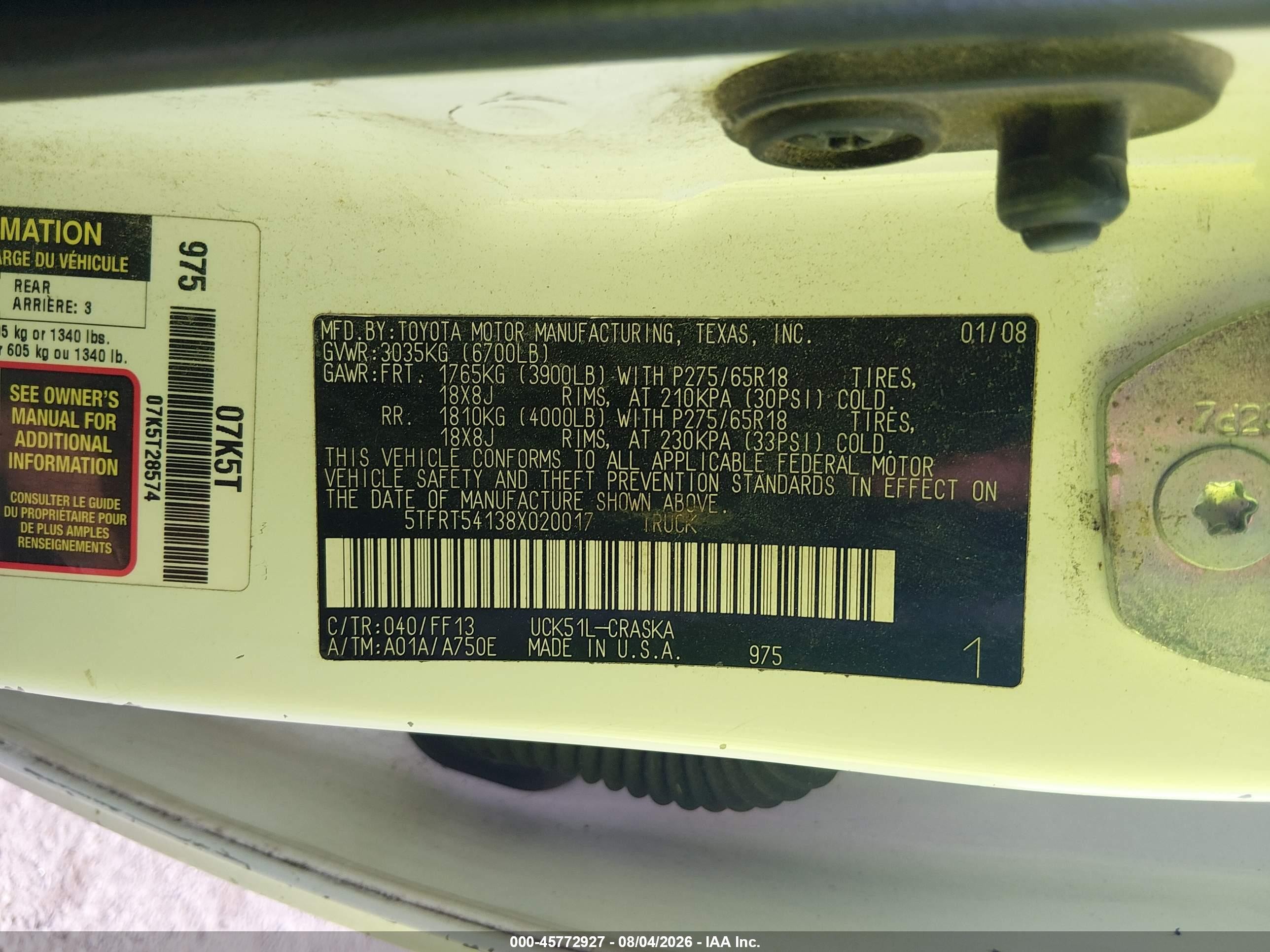 2008 Toyota Tundra Sr5 4.7l V8 Белый vin: 5TFRT54138X020017