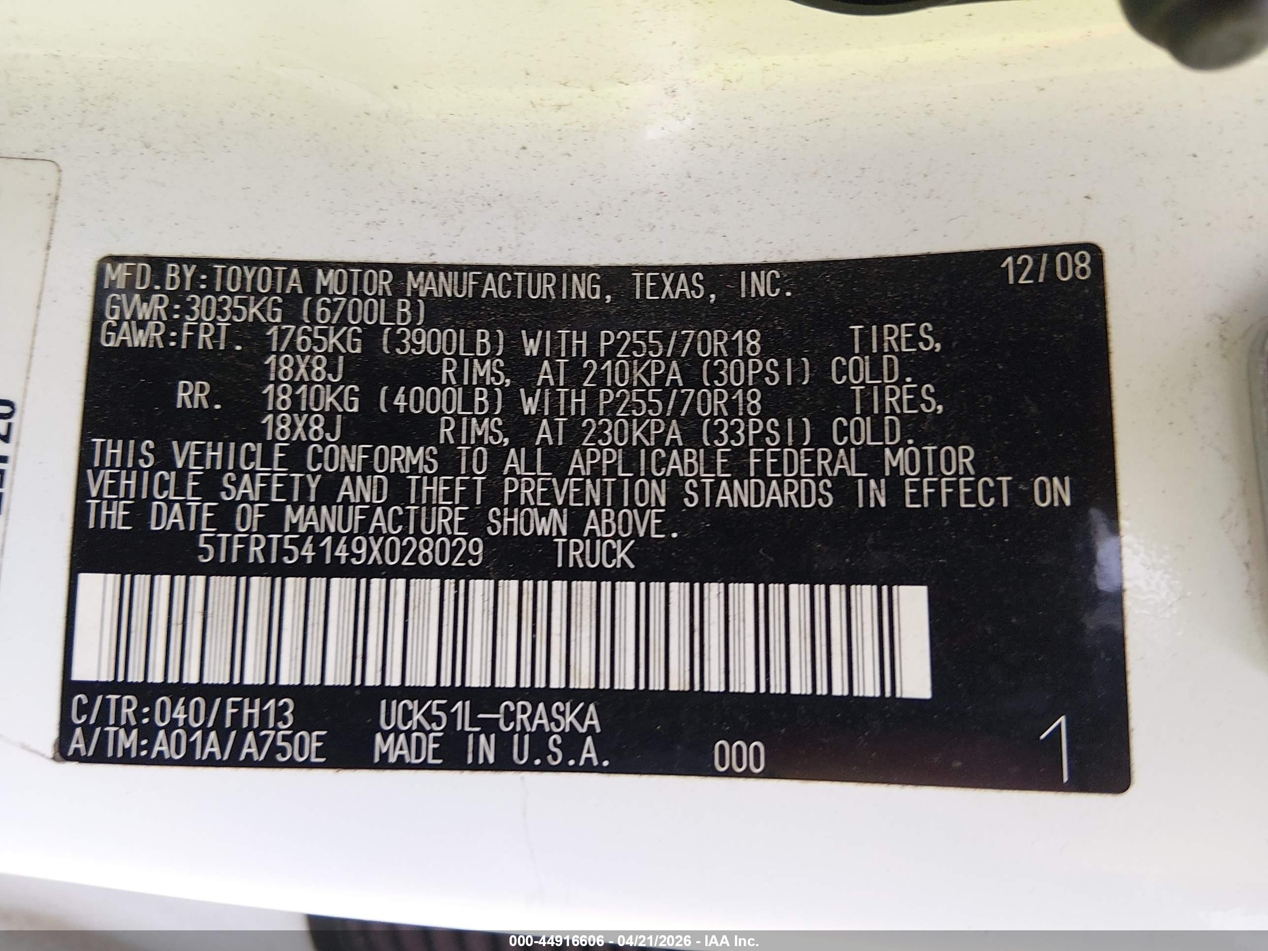 2009 Toyota Tundra Grade 4.7l V8 White vin: 5TFRT54149X028029