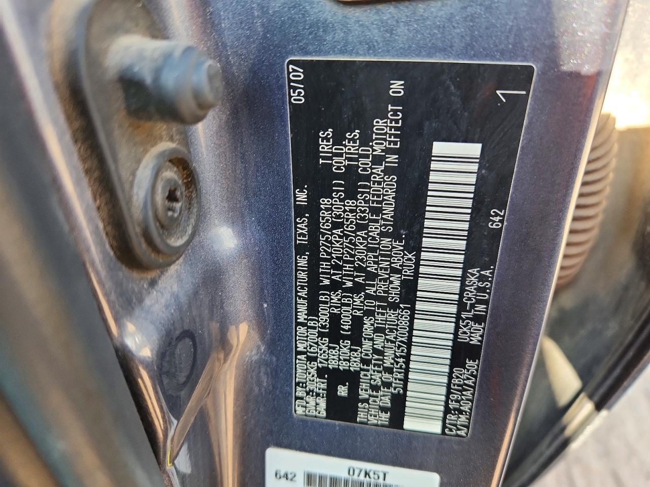 2007 Toyota Tundra Sr5 Серый vin: 5TFRT54157X008661