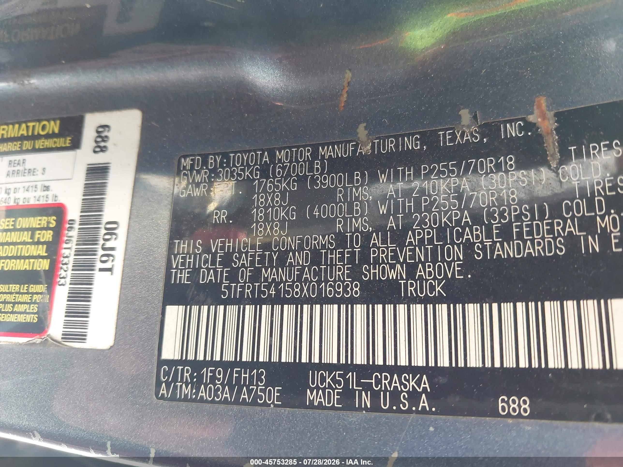 2008 Toyota Tundra Base 4.7l V8 Light Blue vin: 5TFRT54158X016938