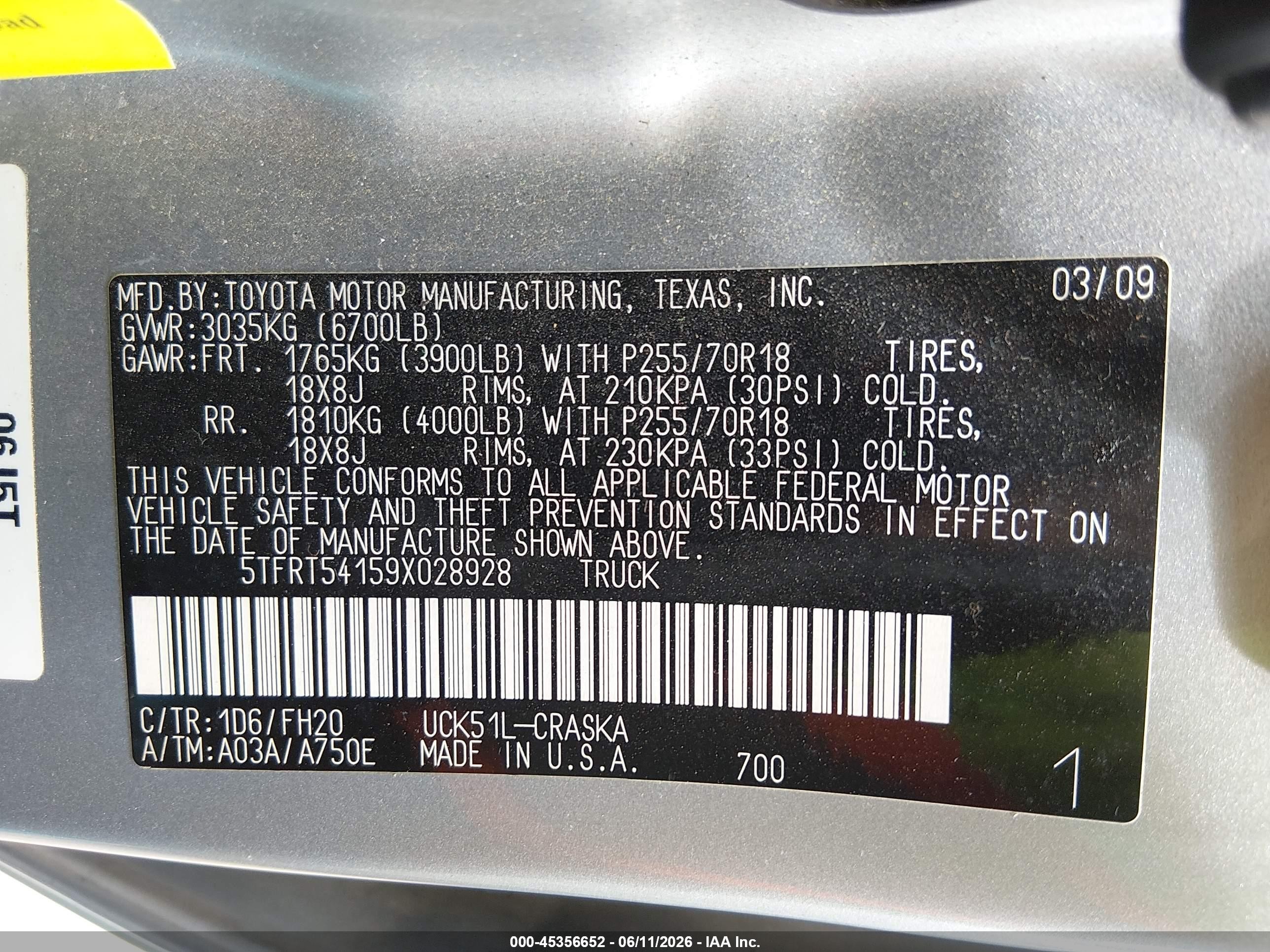 2009 Toyota Tundra Grade 4.7l V8 Gray vin: 5TFRT54159X028928