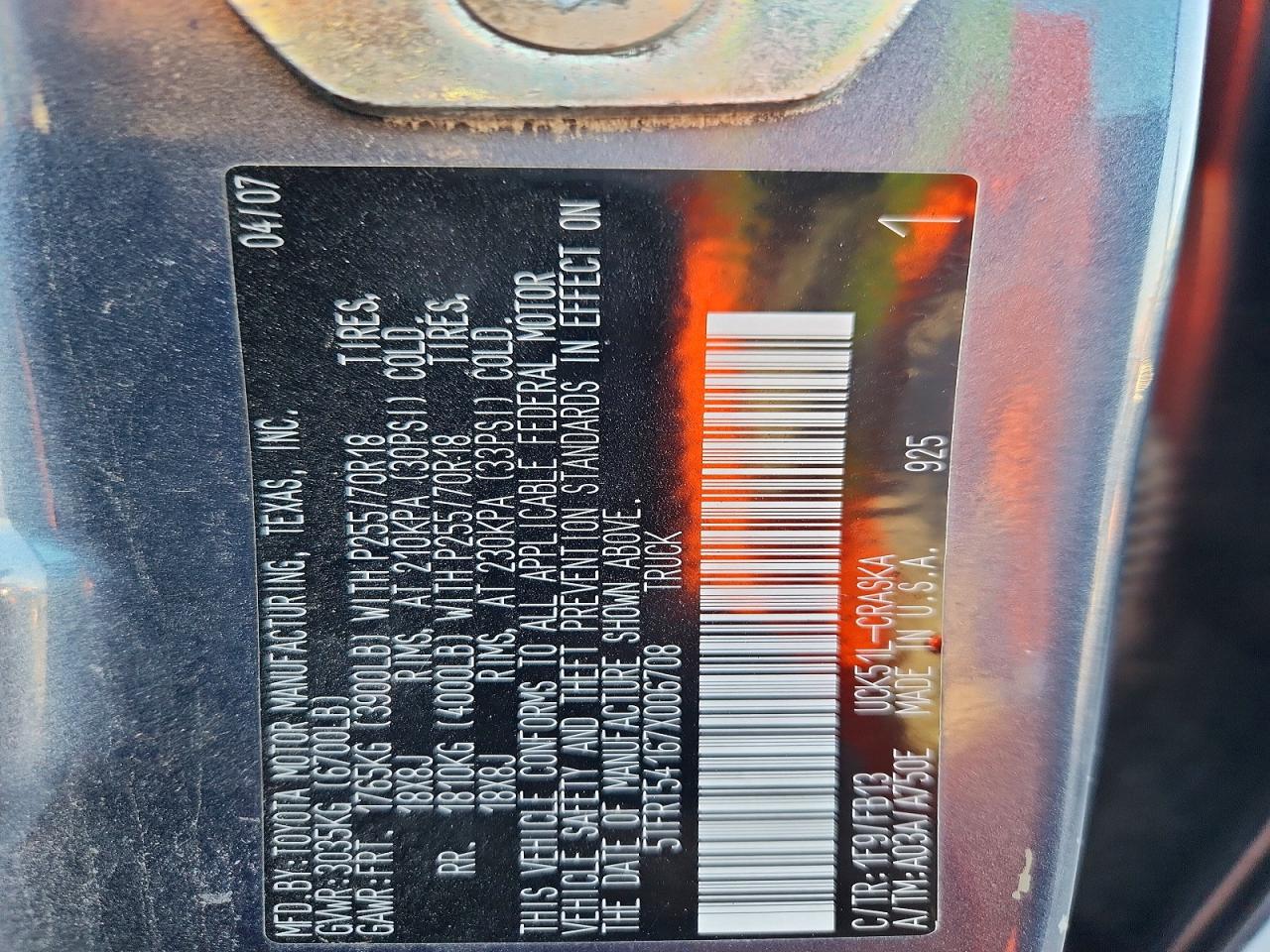 2007 Toyota Tundra Sr5 Серый vin: 5TFRT54167X006708
