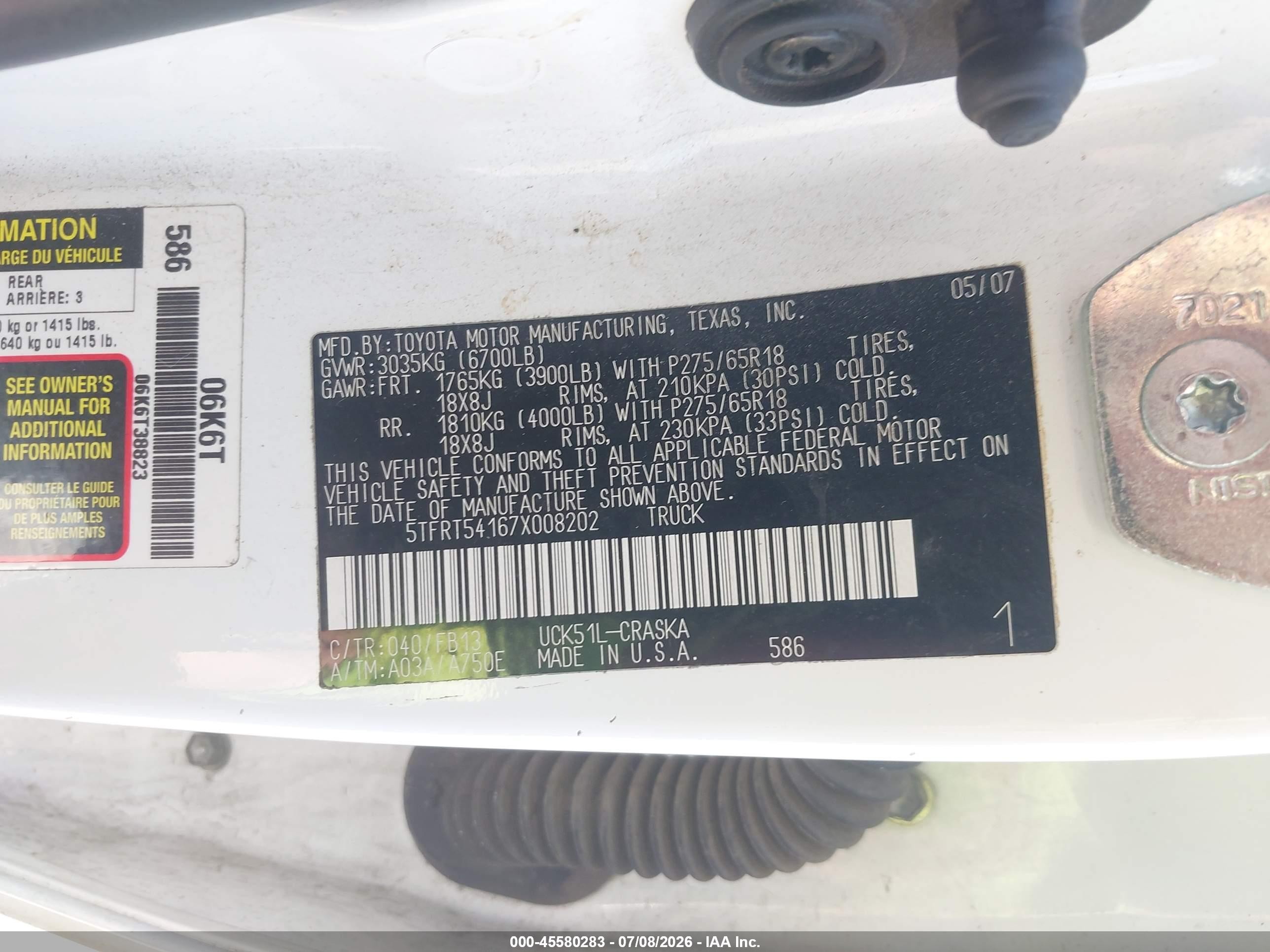 2007 Toyota Tundra Sr5 4.7l V8 White vin: 5TFRT54167X008202