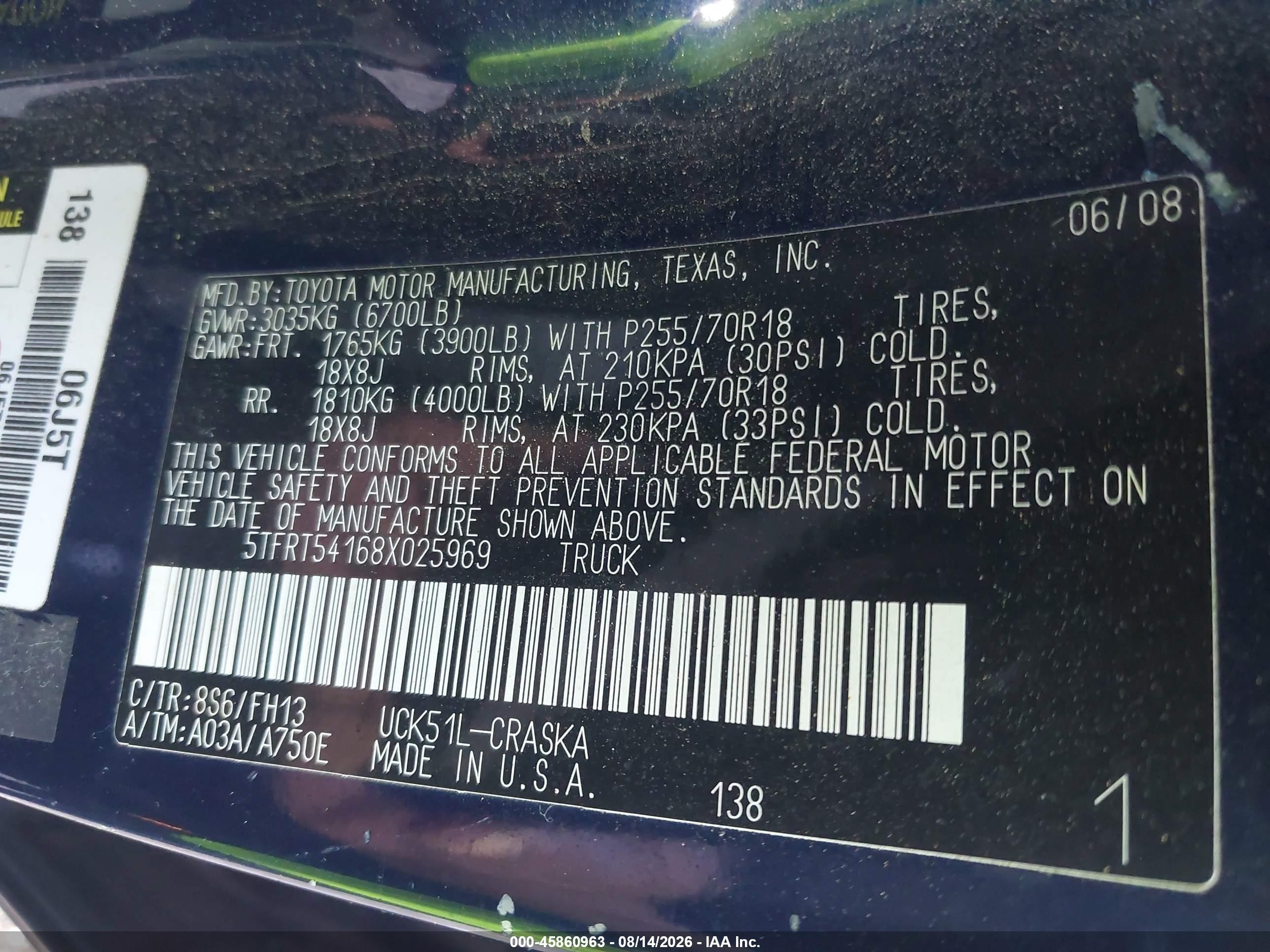 2008 Toyota Tundra Base 4.7l V8 Blue vin: 5TFRT54168X025969