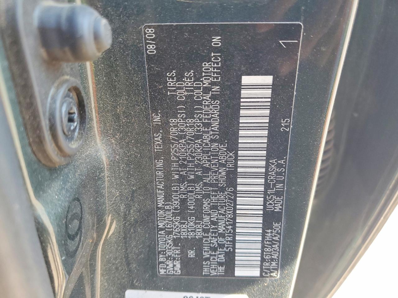 2008 Toyota Tundra Grade Green vin: 5TFRT54178X027276