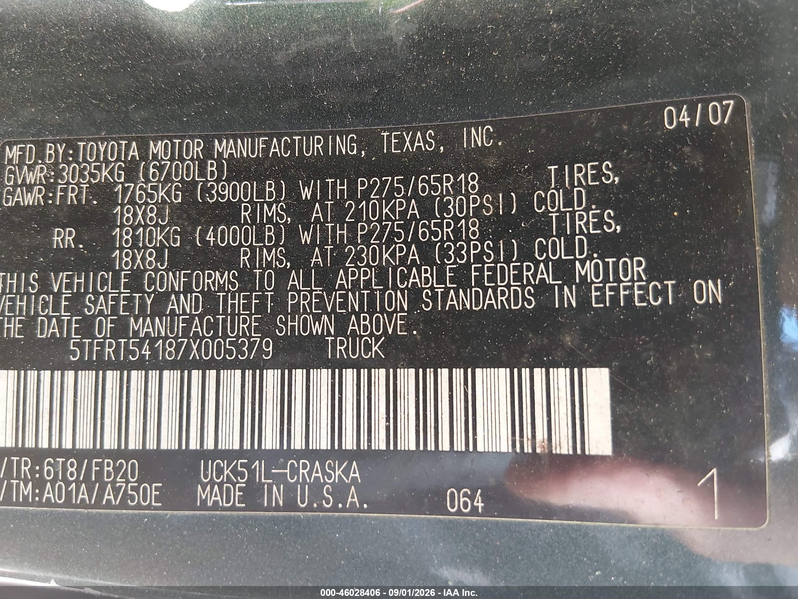 2007 Toyota Tundra Sr5 4.7l V8 Green vin: 5TFRT54187X005379