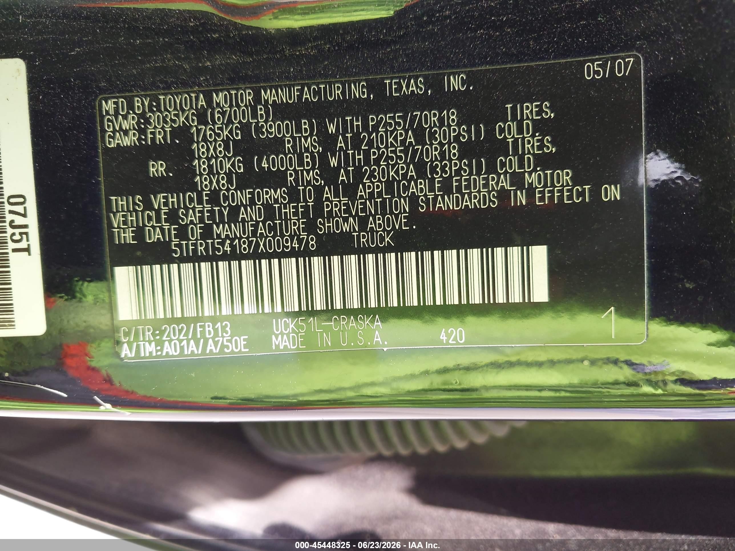 2007 Toyota Tundra Sr5 4.7l V8 Black vin: 5TFRT54187X009478