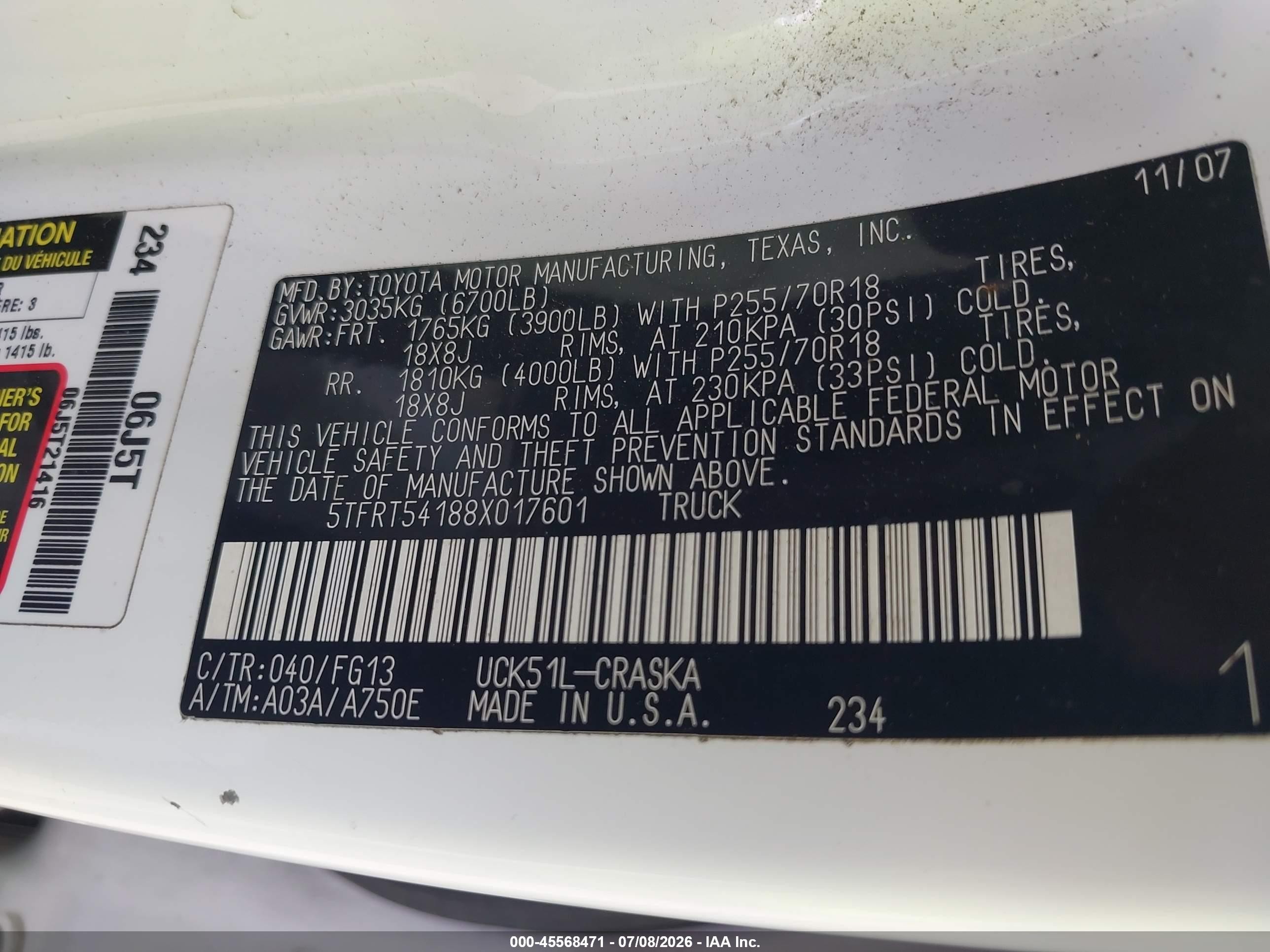 2008 Toyota Tundra Sr5 4.7l V8 White vin: 5TFRT54188X017601
