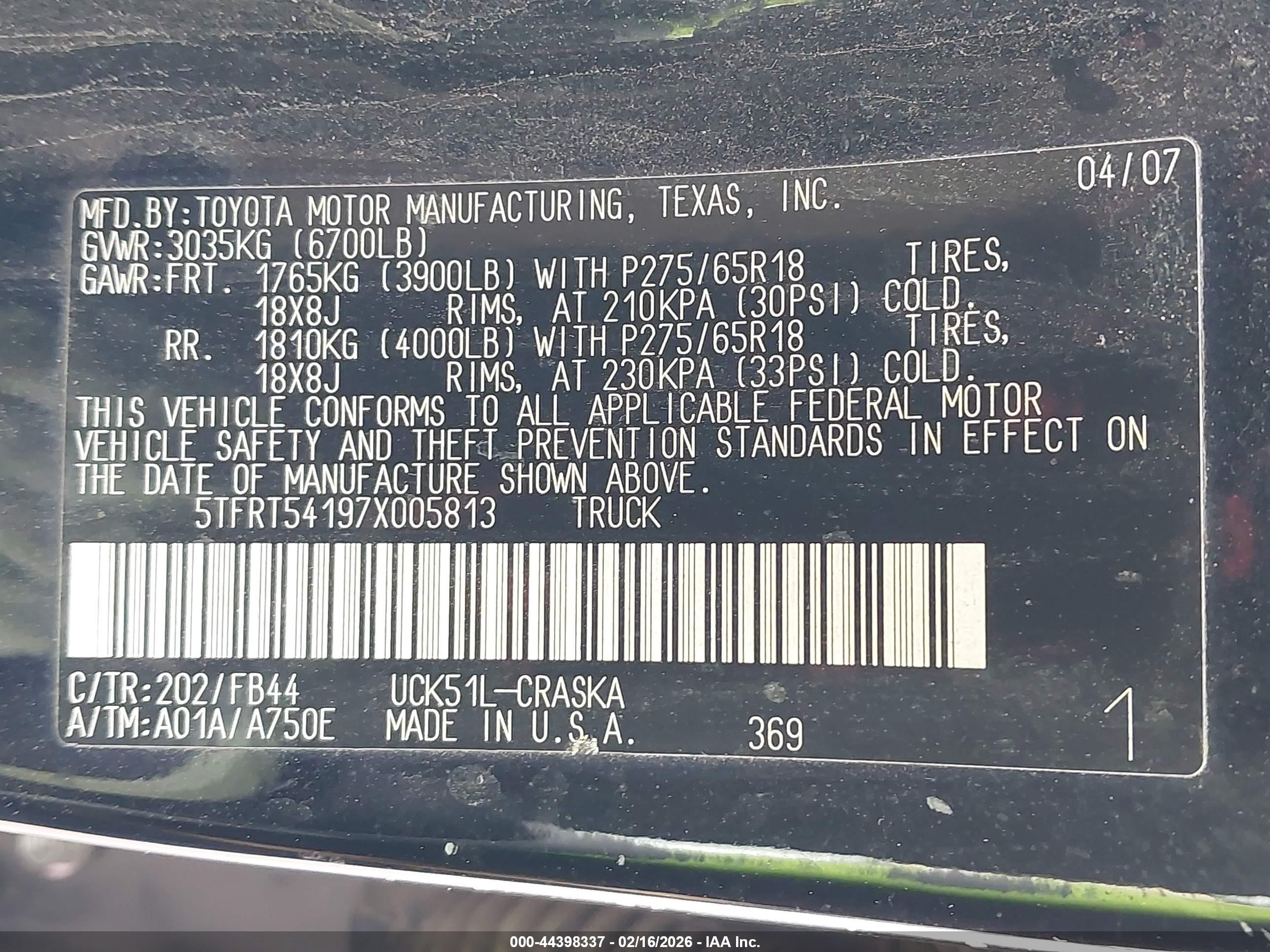 2007 Toyota Tundra Sr5 4.7l V8 Black vin: 5TFRT54197X005813