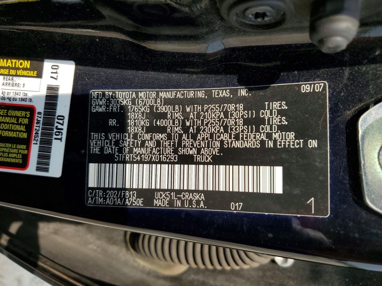 2007 Toyota Tundra Sr5 Black vin: 5TFRT54197X016293