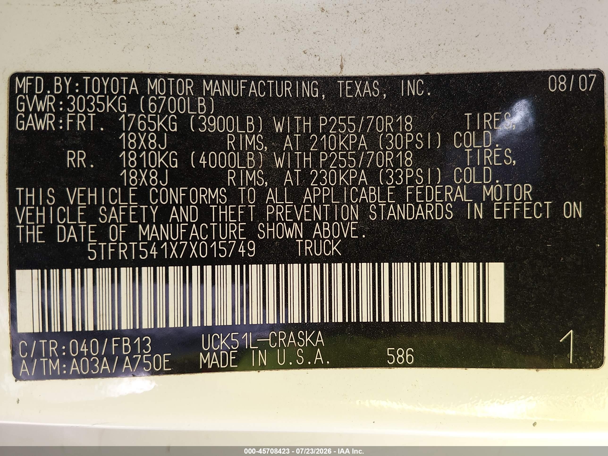 2007 Toyota Tundra Sr5 4.7l V8 White vin: 5TFRT541X7X015749