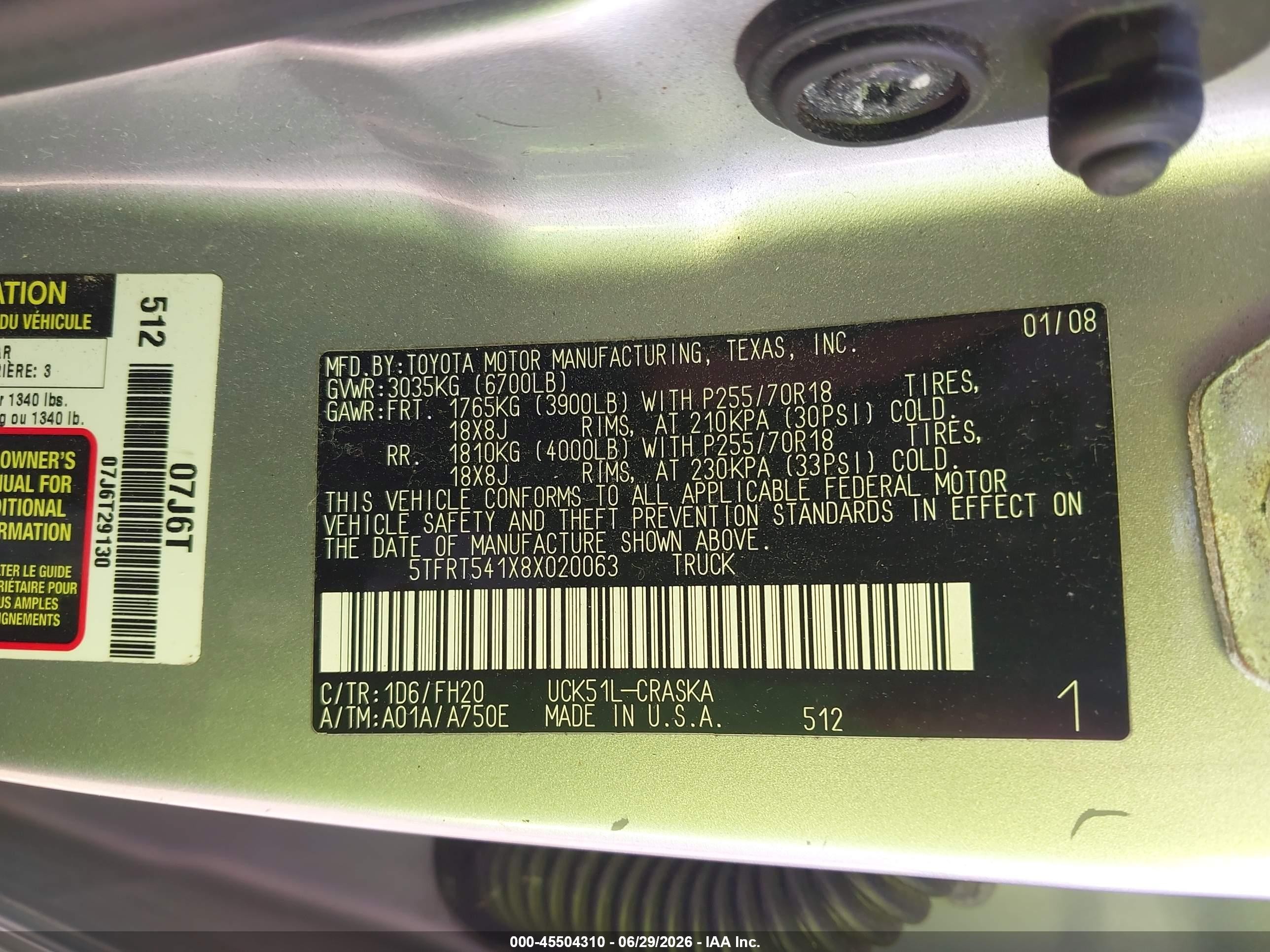 2008 Toyota Tundra Base 4.7l V8 Silver vin: 5TFRT541X8X020063