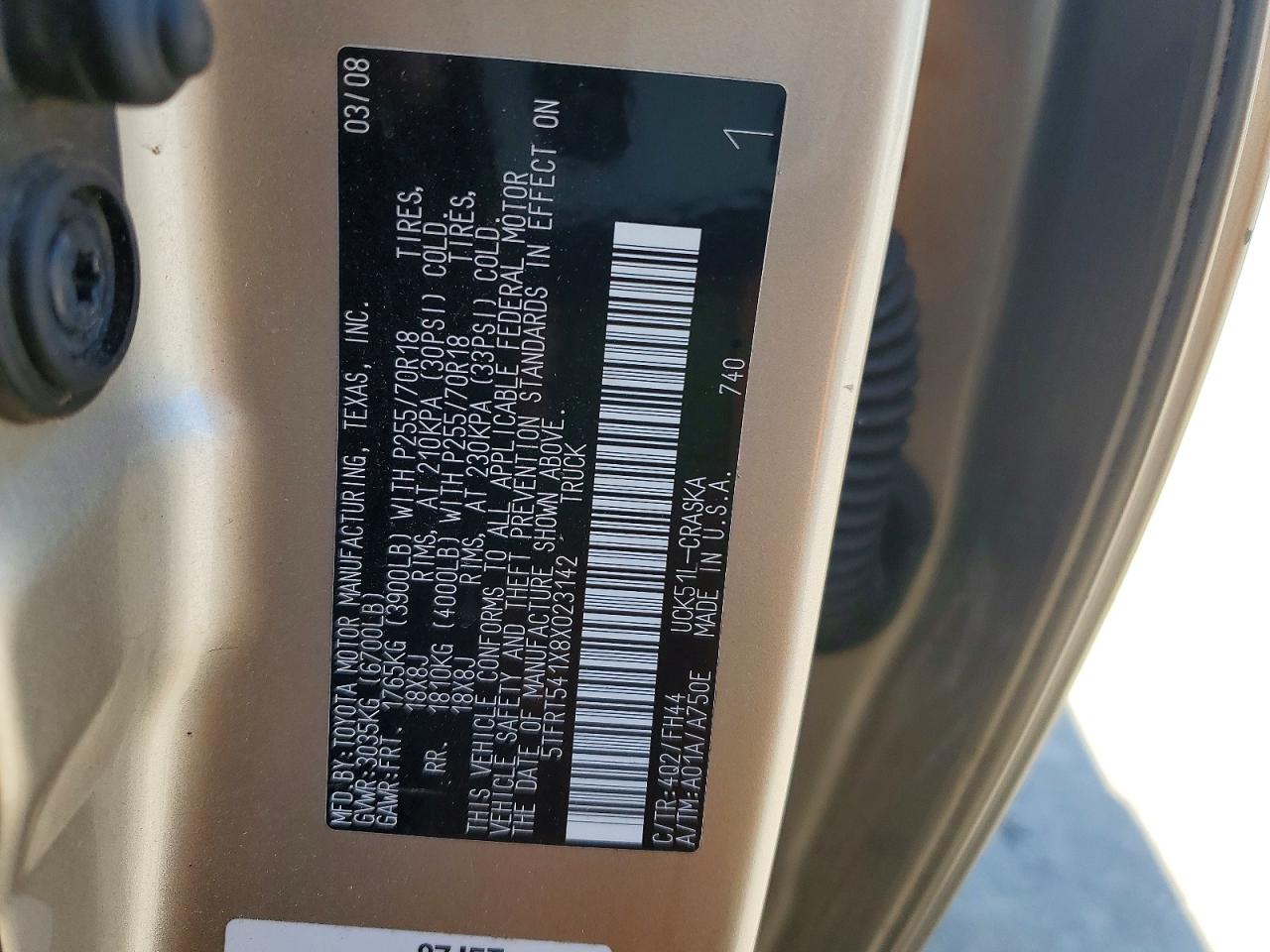 2008 Toyota Tundra Sr5 Gold vin: 5TFRT541X8X023142