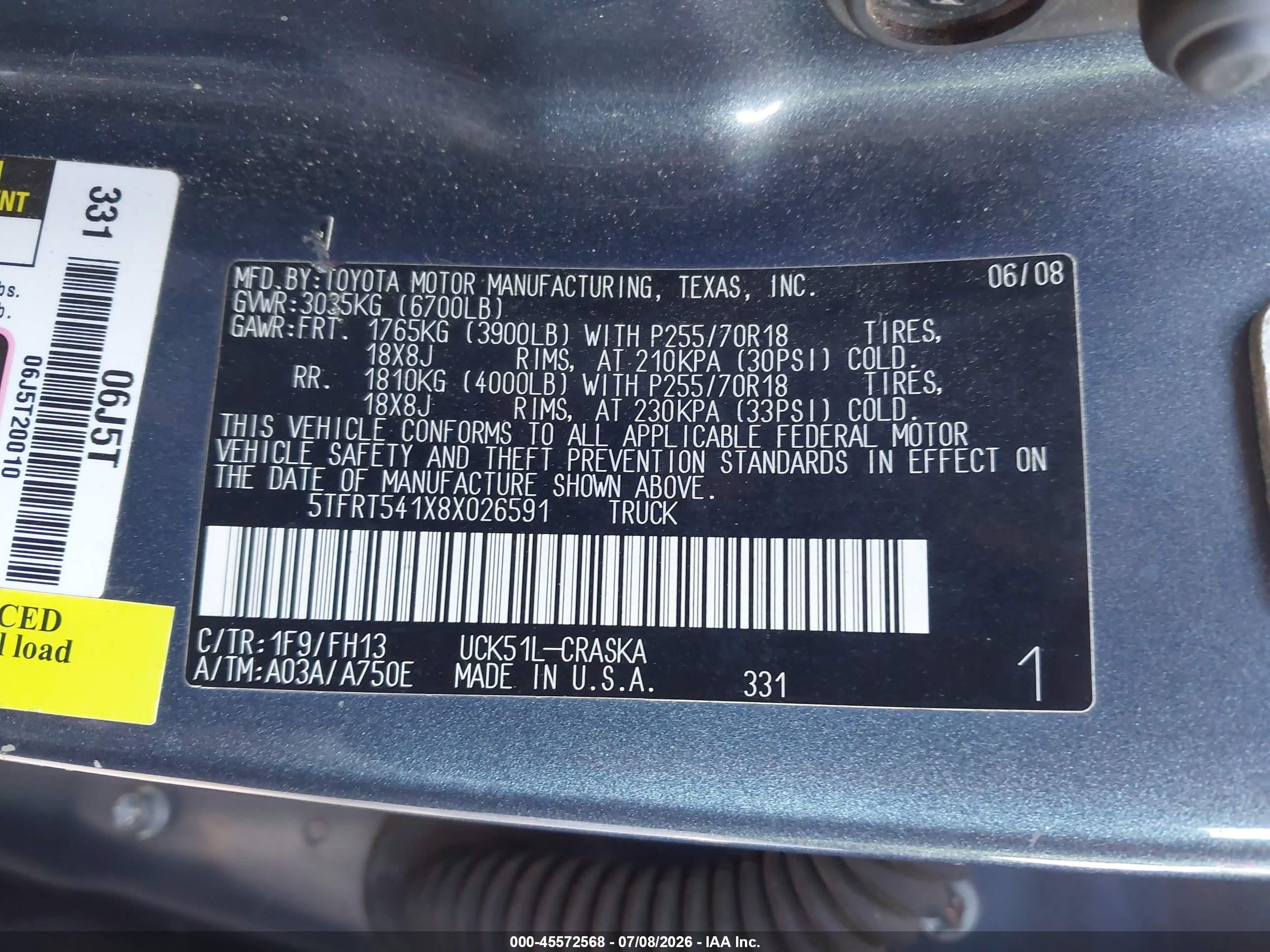 2008 Toyota Tundra Base 4.7l V8 Blue vin: 5TFRT541X8X026591