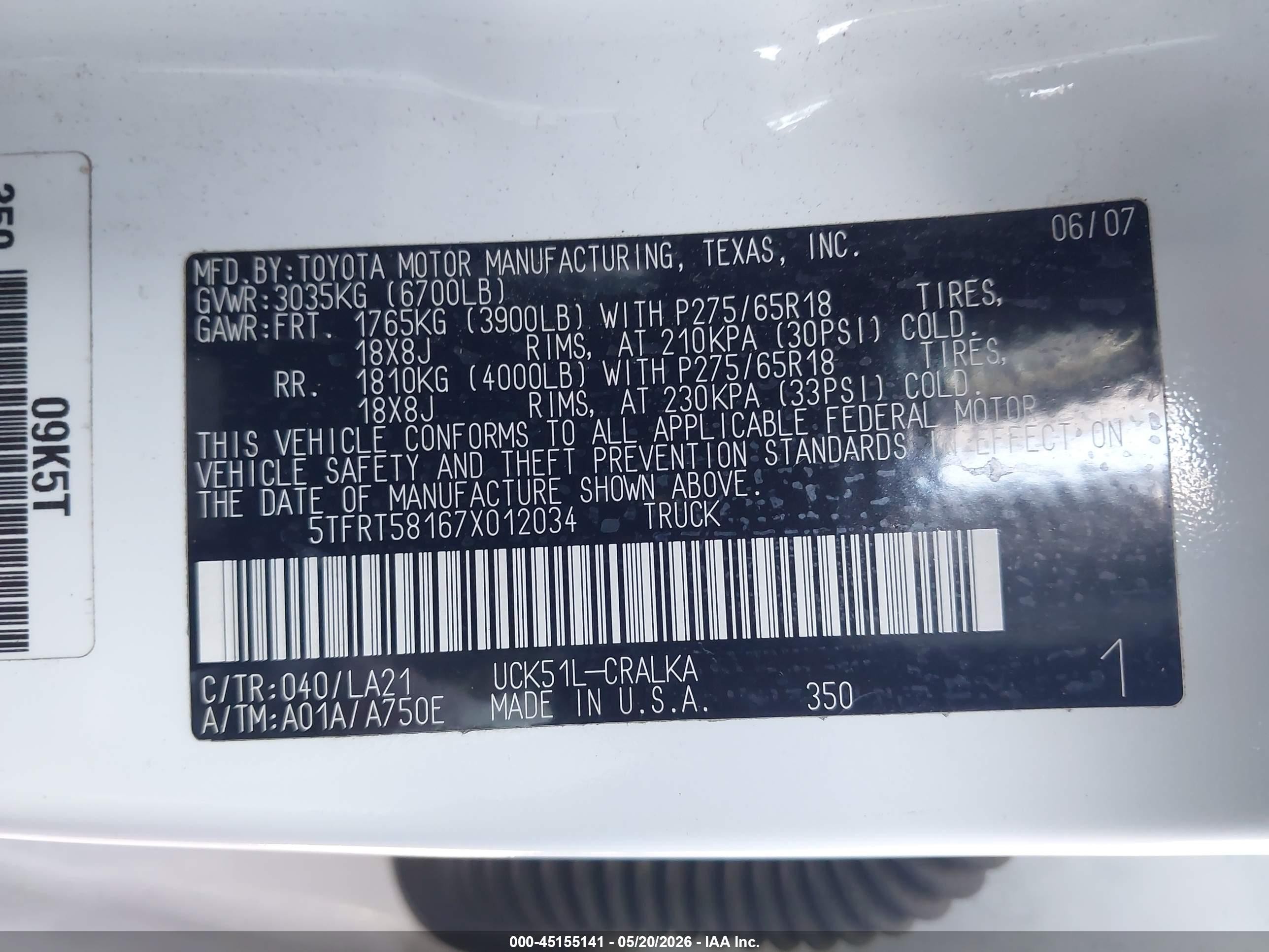 2007 Toyota Tundra Limited 4.7l V8 White vin: 5TFRT58167X012034