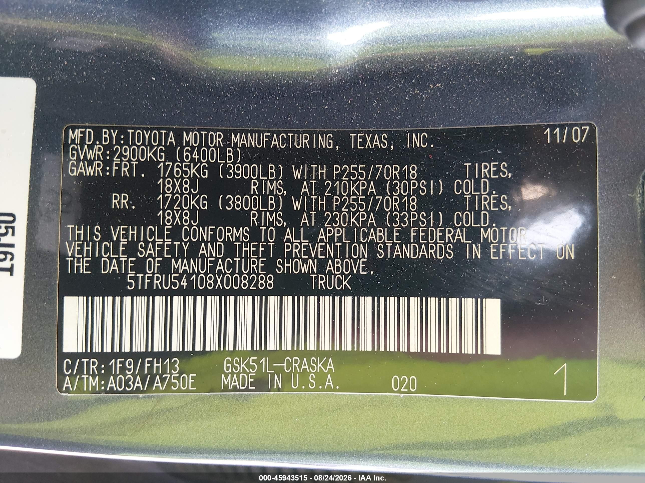 2008 Toyota Tundra Base V6 Gray vin: 5TFRU54108X008288