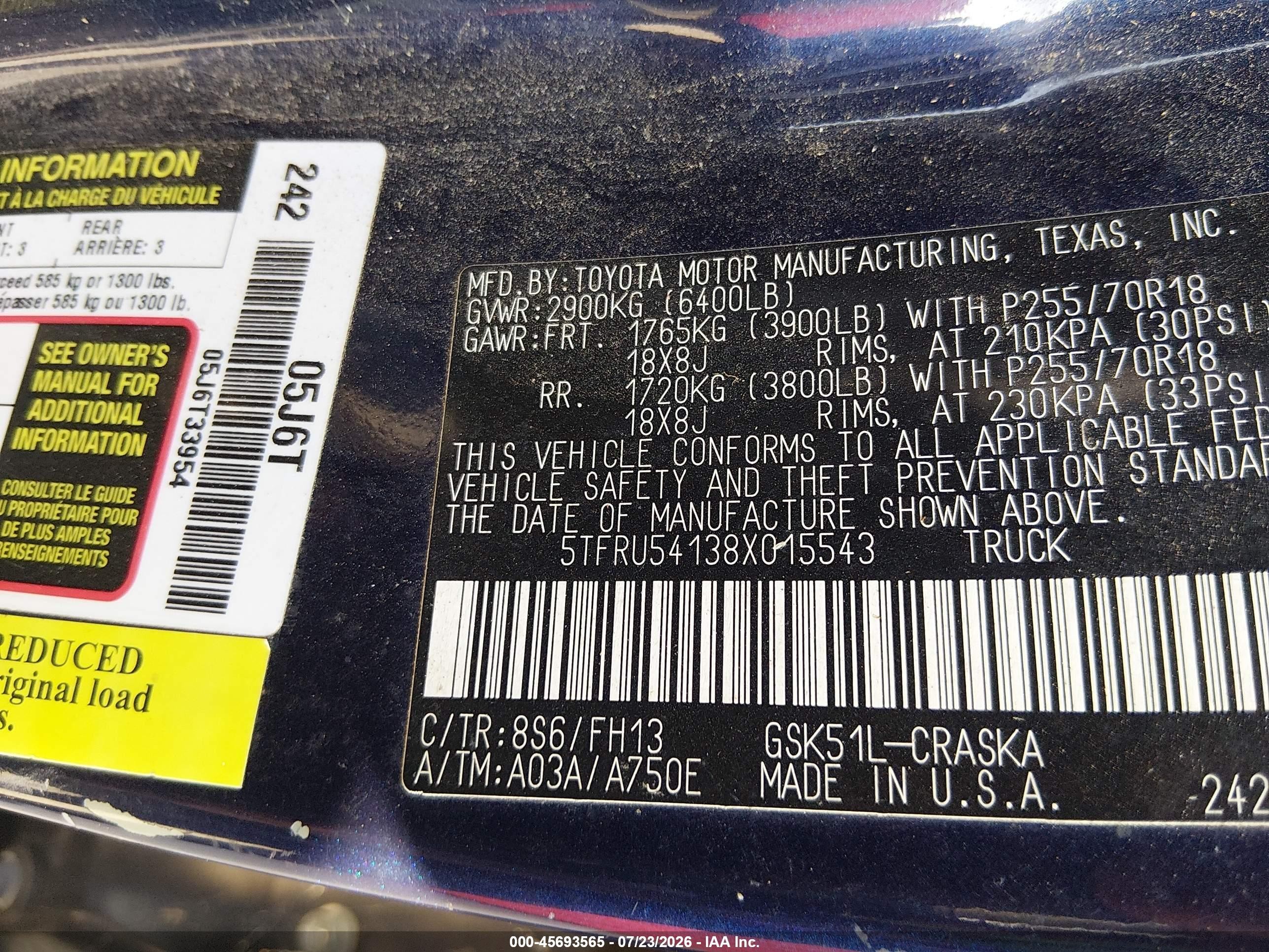 2008 Toyota Tundra Base V6 Blue vin: 5TFRU54138X015543