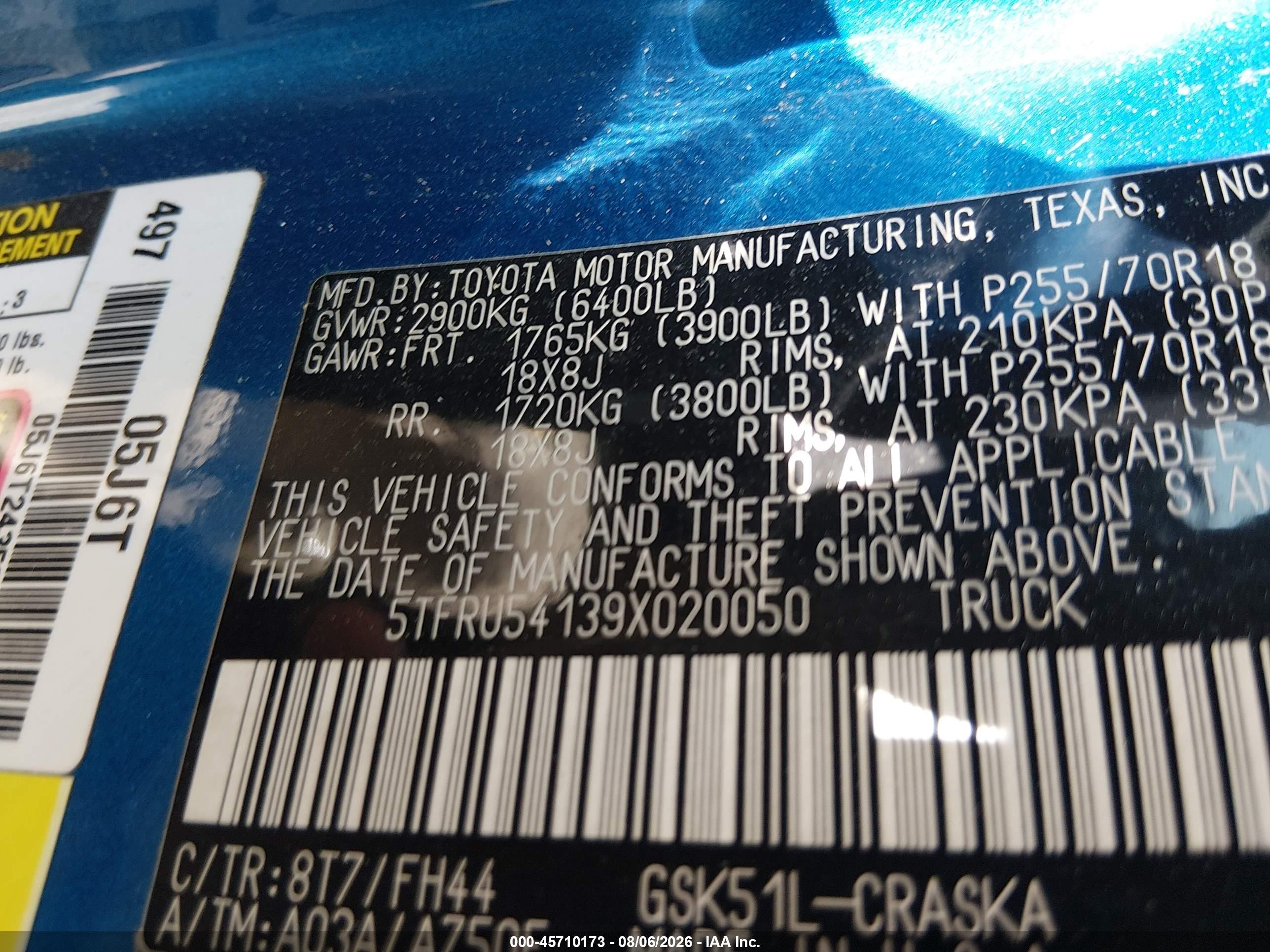 2009 Toyota Tundra Grade V6 Blue vin: 5TFRU54139X020050