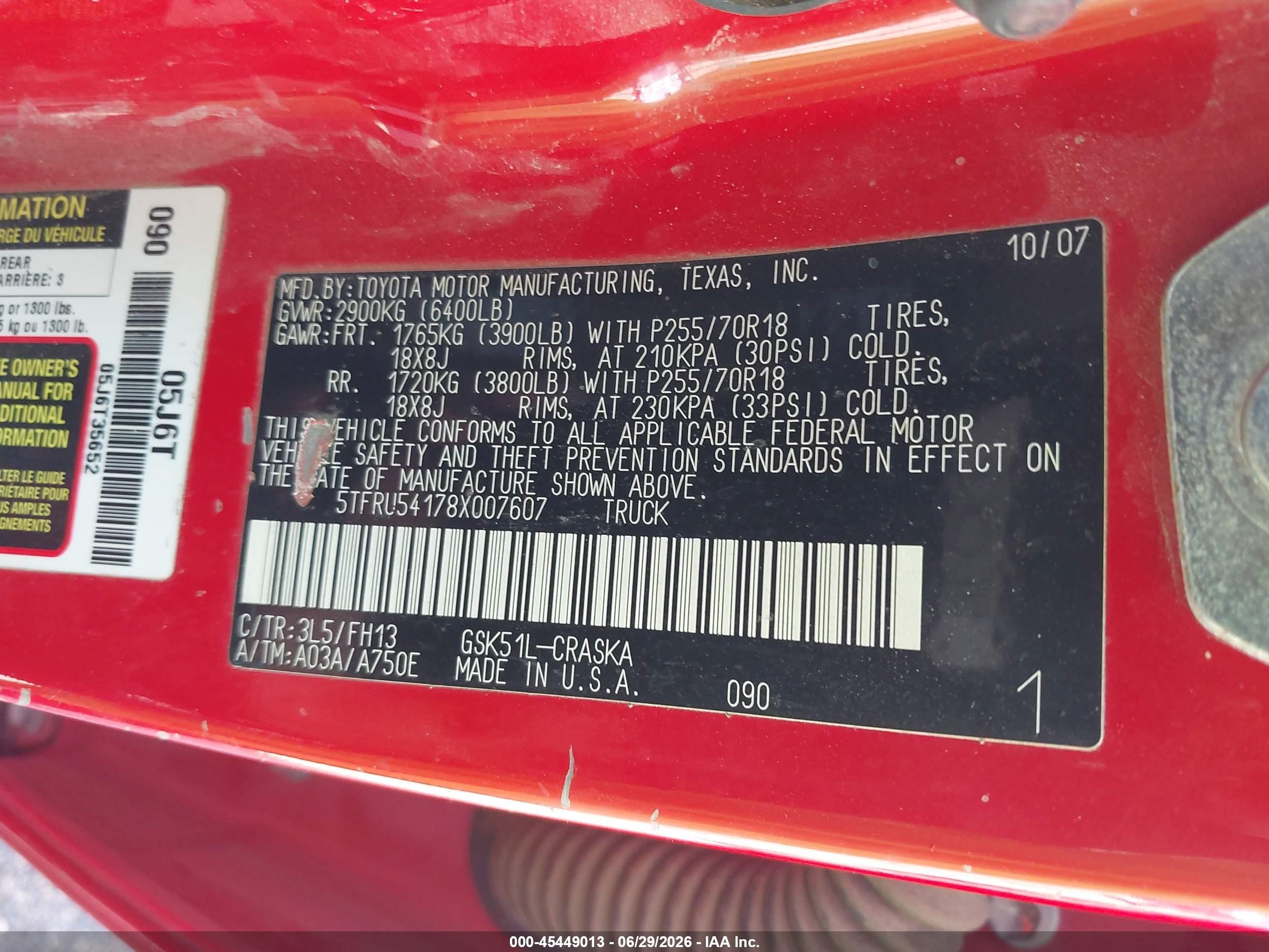 2008 Toyota Tundra Base V6 Red vin: 5TFRU54178X007607