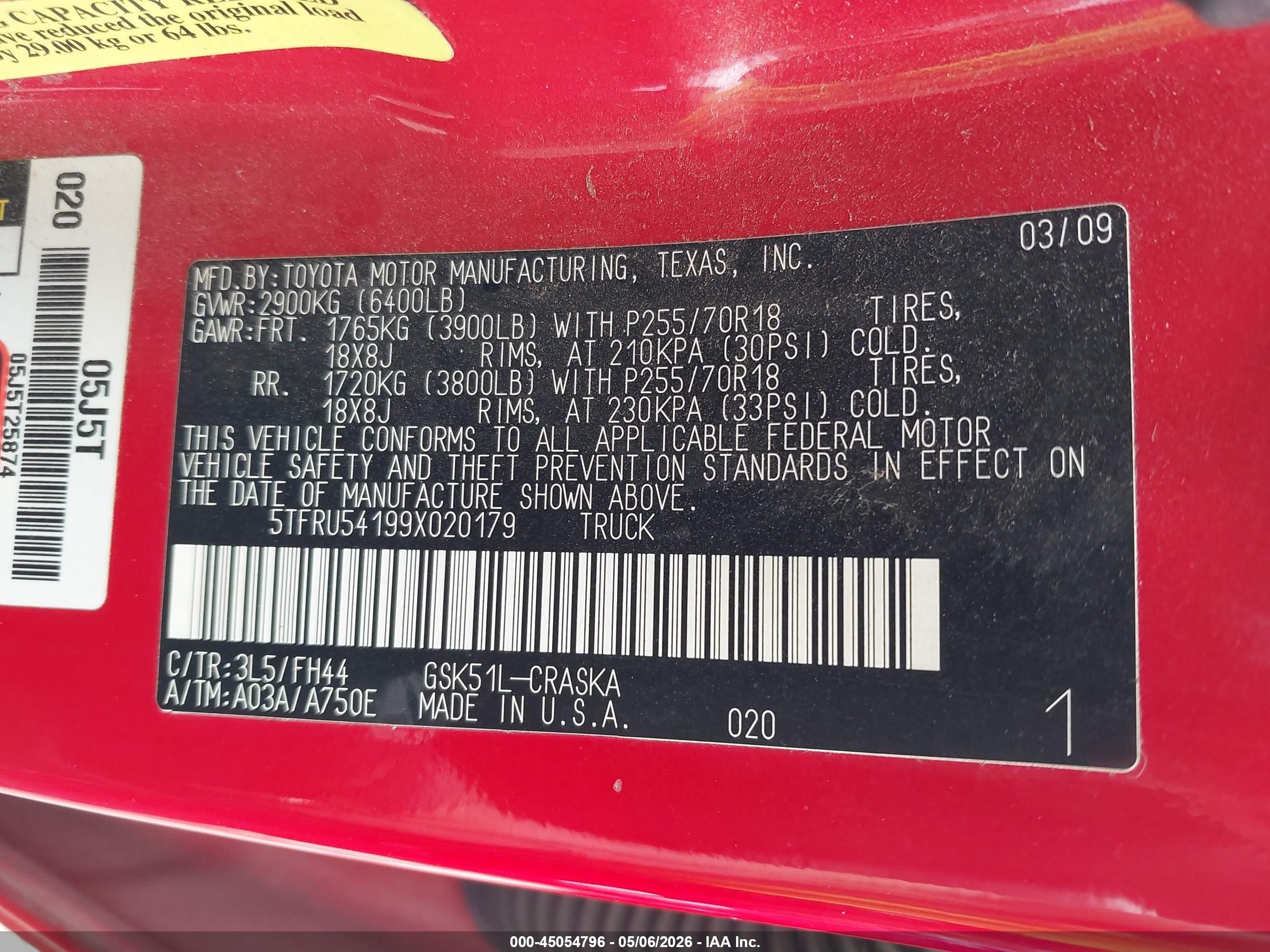 2009 Toyota Tundra Grade V6 Red vin: 5TFRU54199X020179