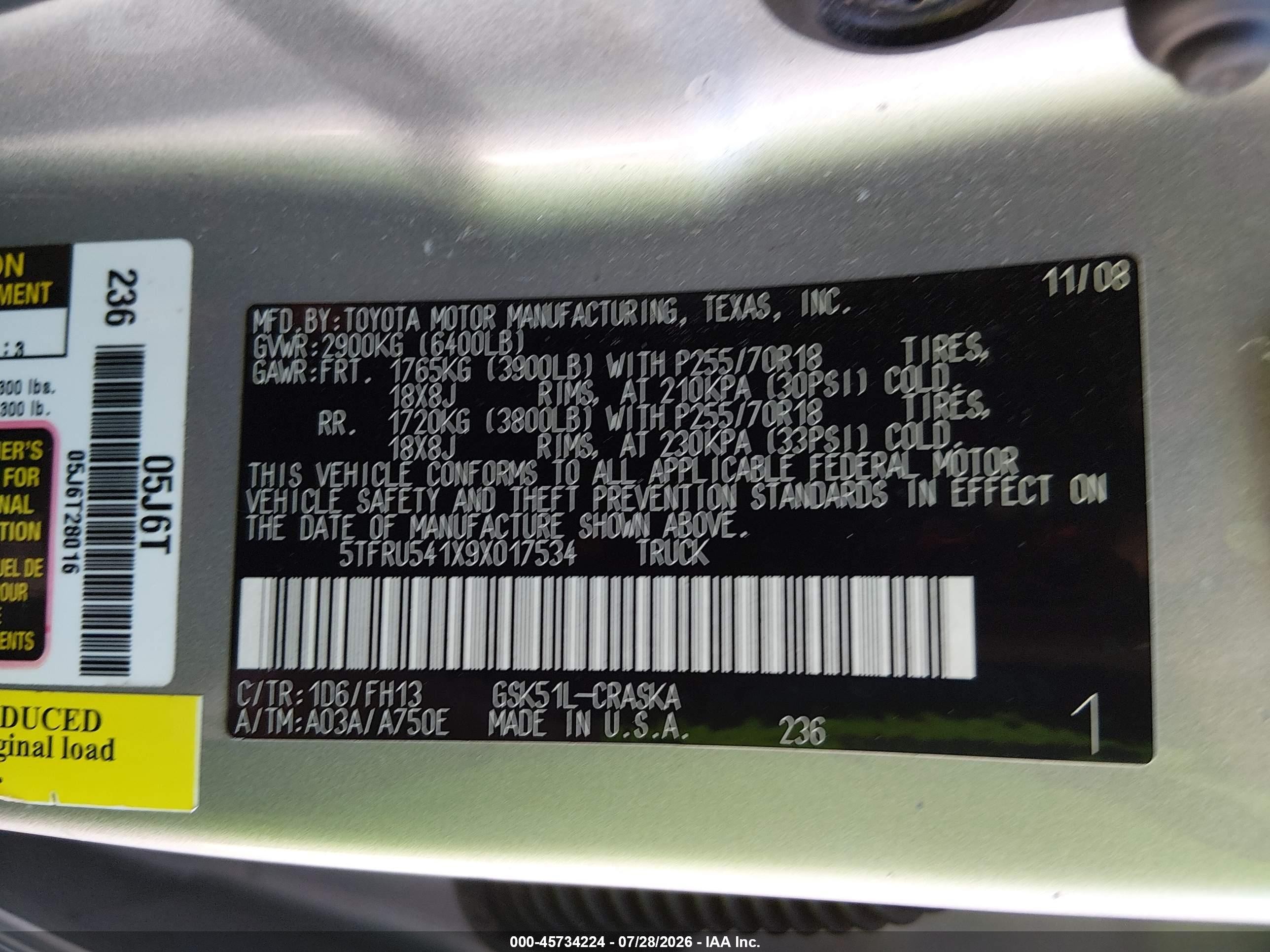 2009 Toyota Tundra Grade V6 Silver vin: 5TFRU541X9X017534