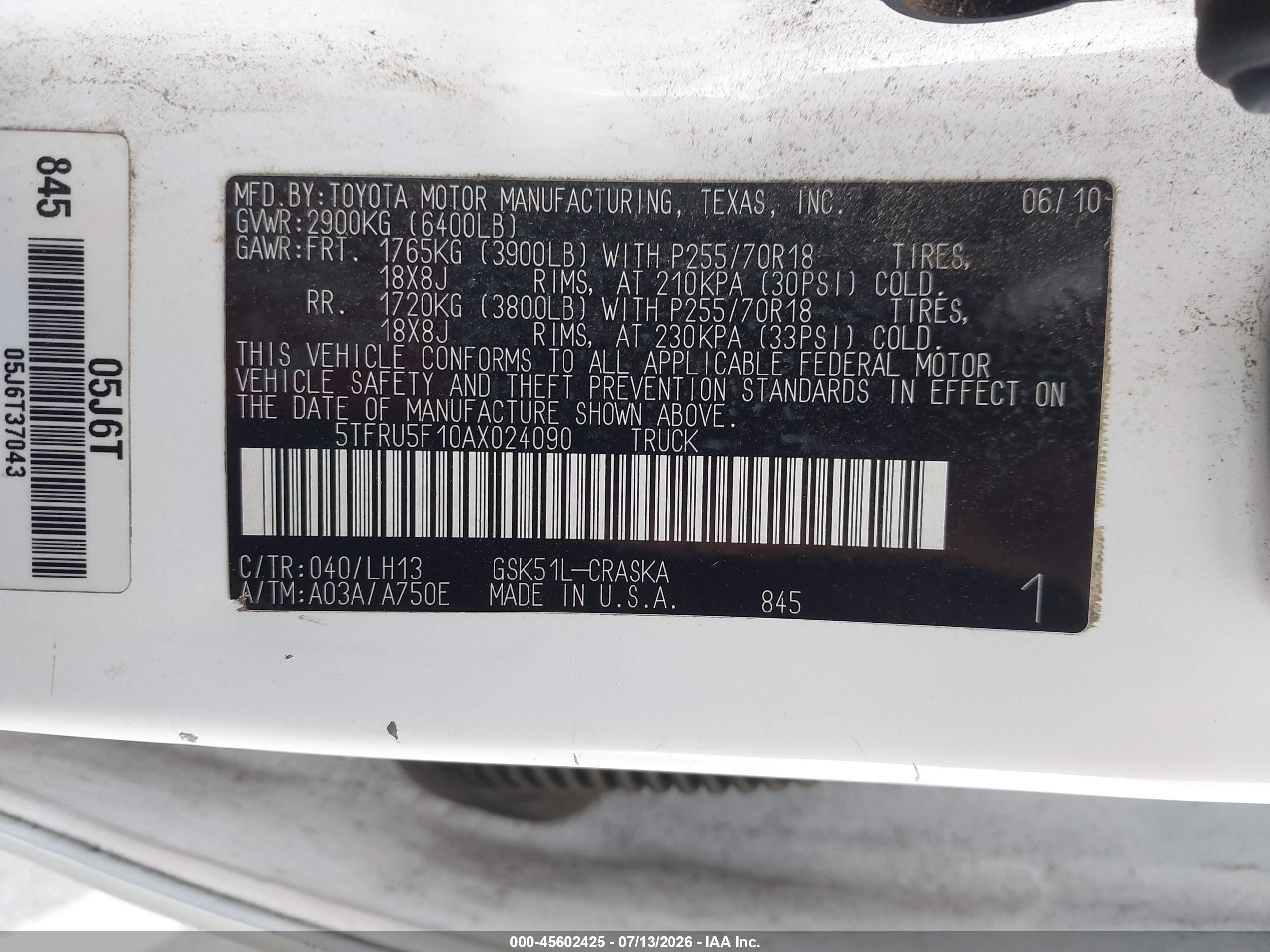 2010 Toyota Tundra Grade V6 White vin: 5TFRU5F10AX024090