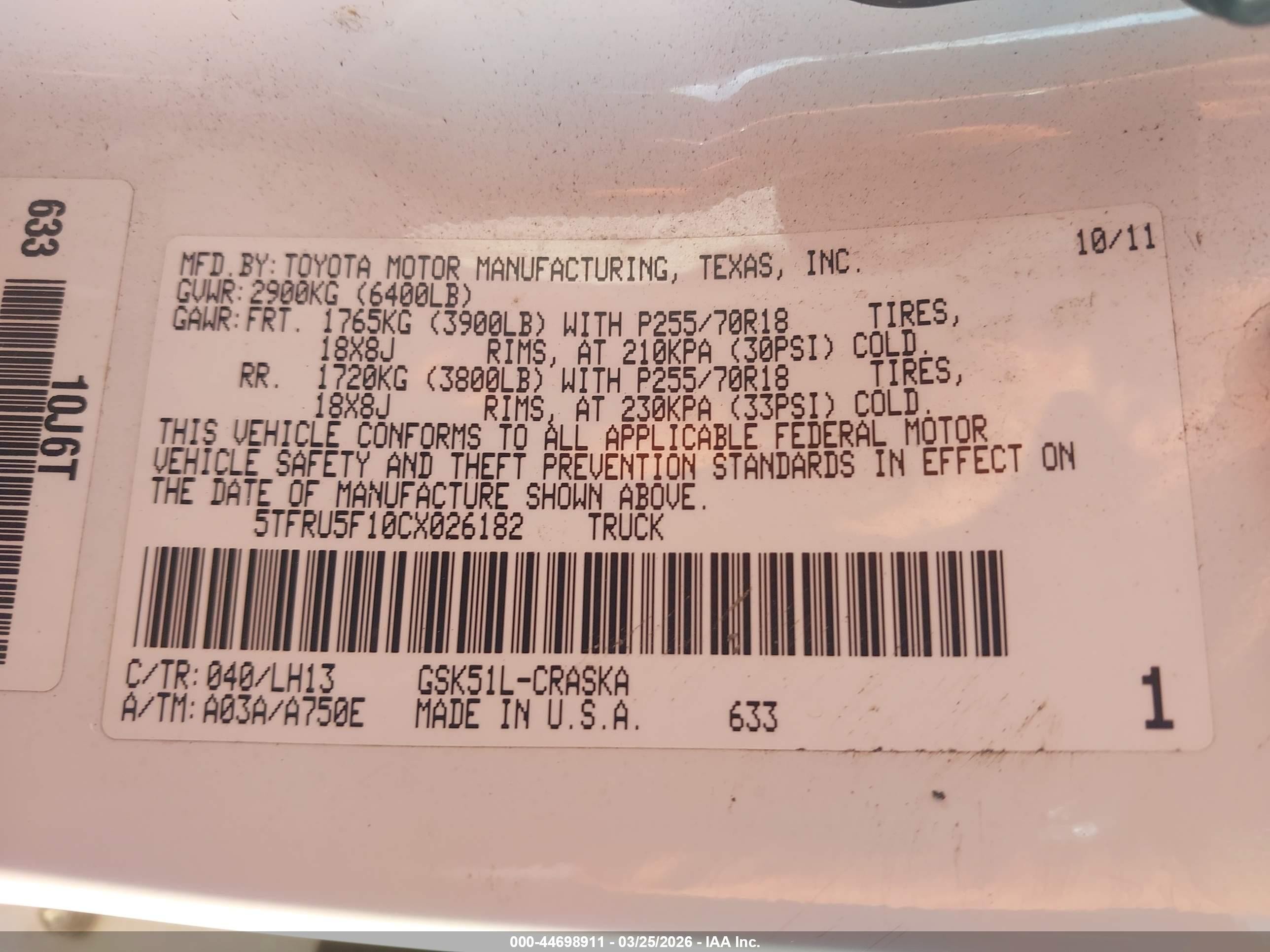 2012 Toyota Tundra Grade V6 White vin: 5TFRU5F10CX026182