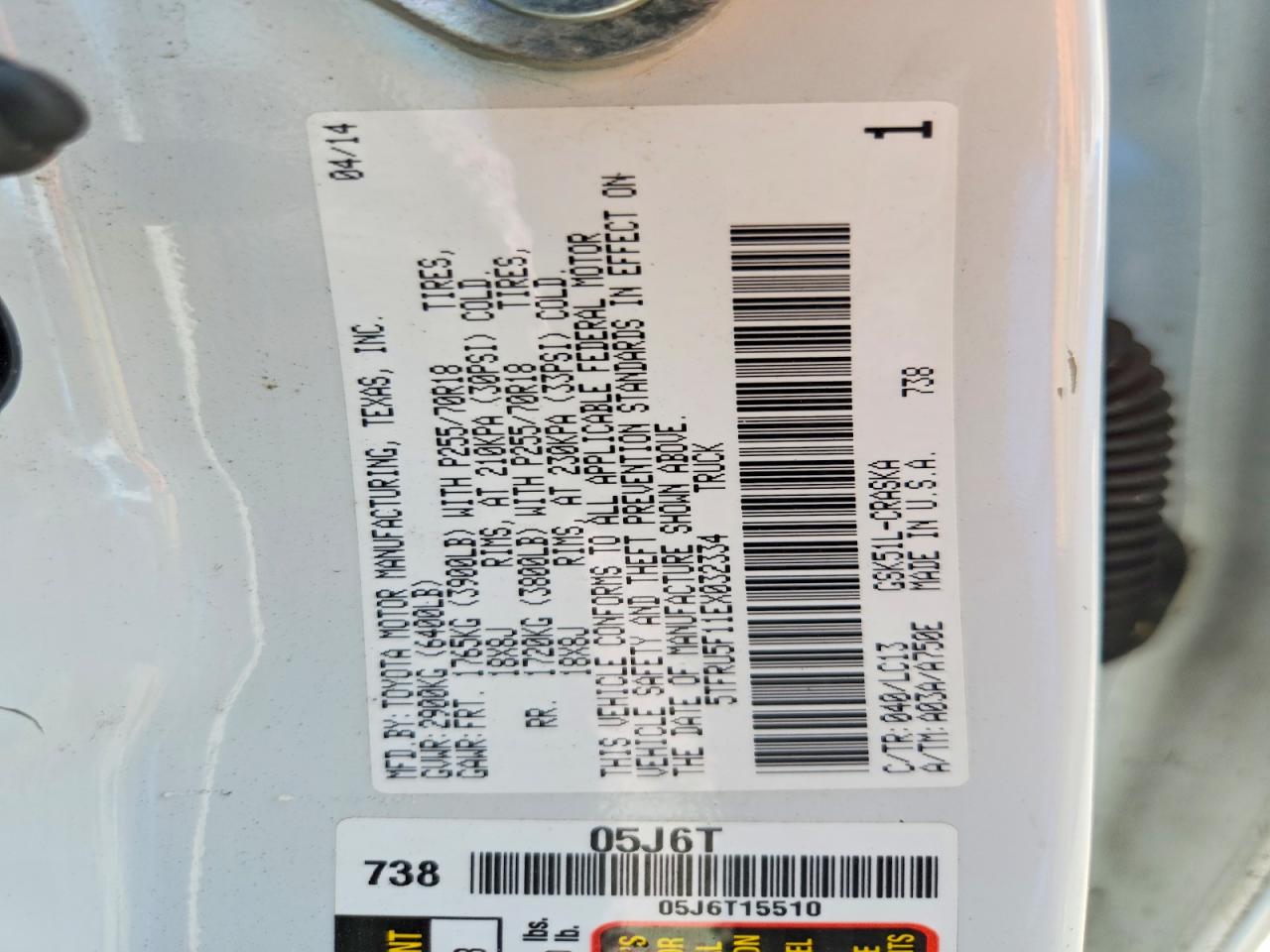 2014 Toyota Tundra Sr Белый vin: 5TFRU5F11EX032334