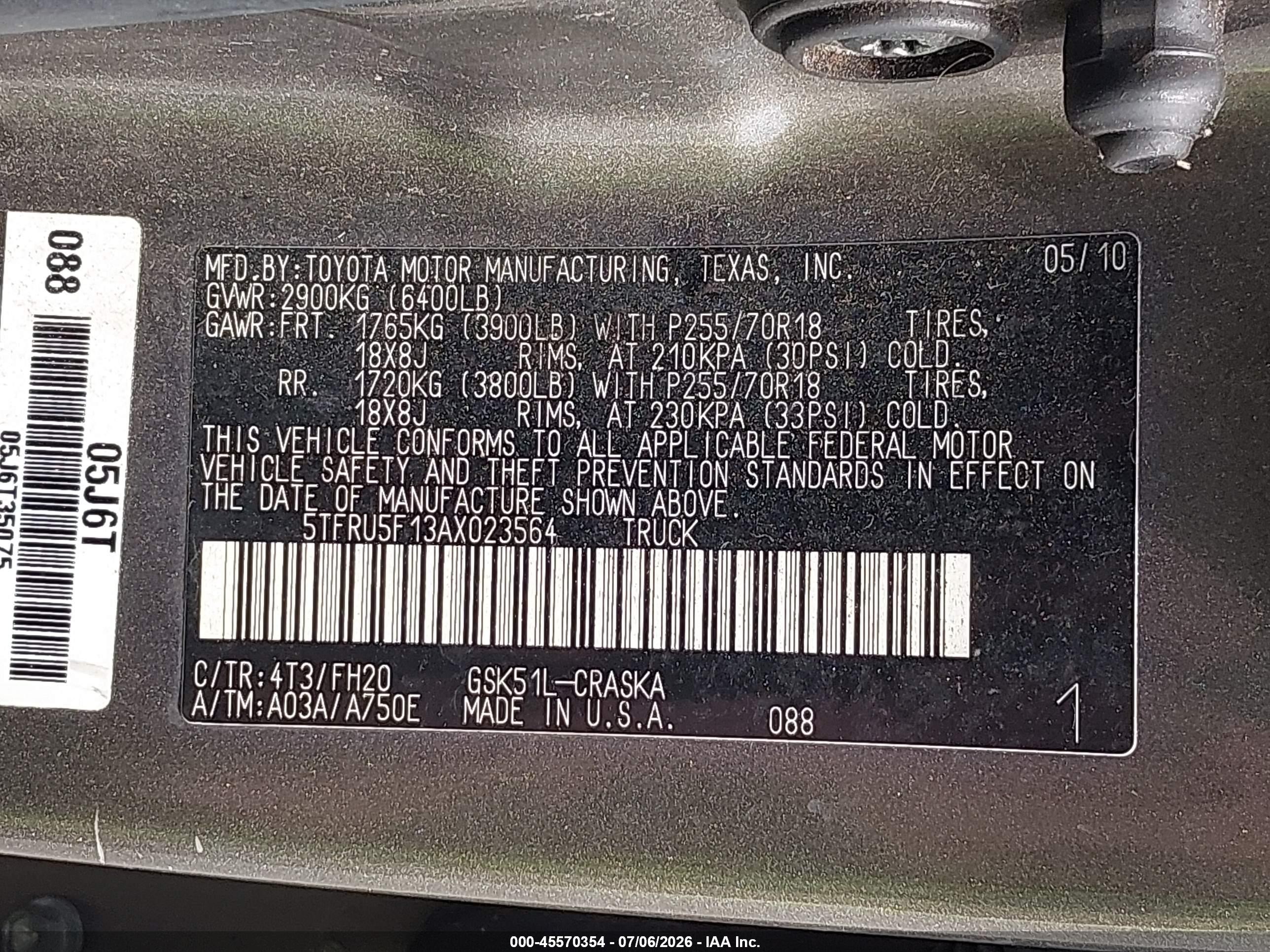 2010 Toyota Tundra Grade V6 Серый vin: 5TFRU5F13AX023564