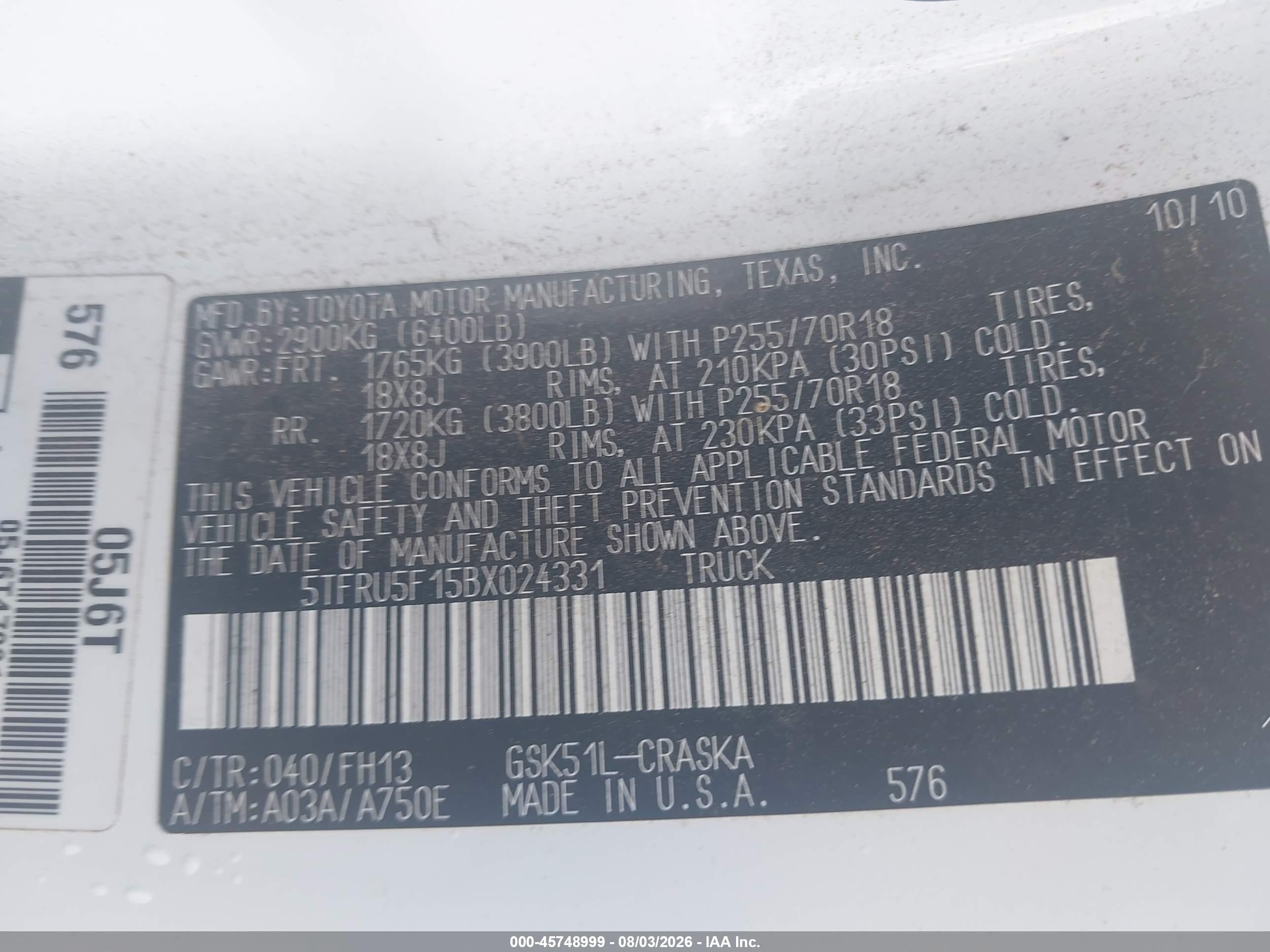 2011 Toyota Tundra Grade V6 Белый vin: 5TFRU5F15BX024331