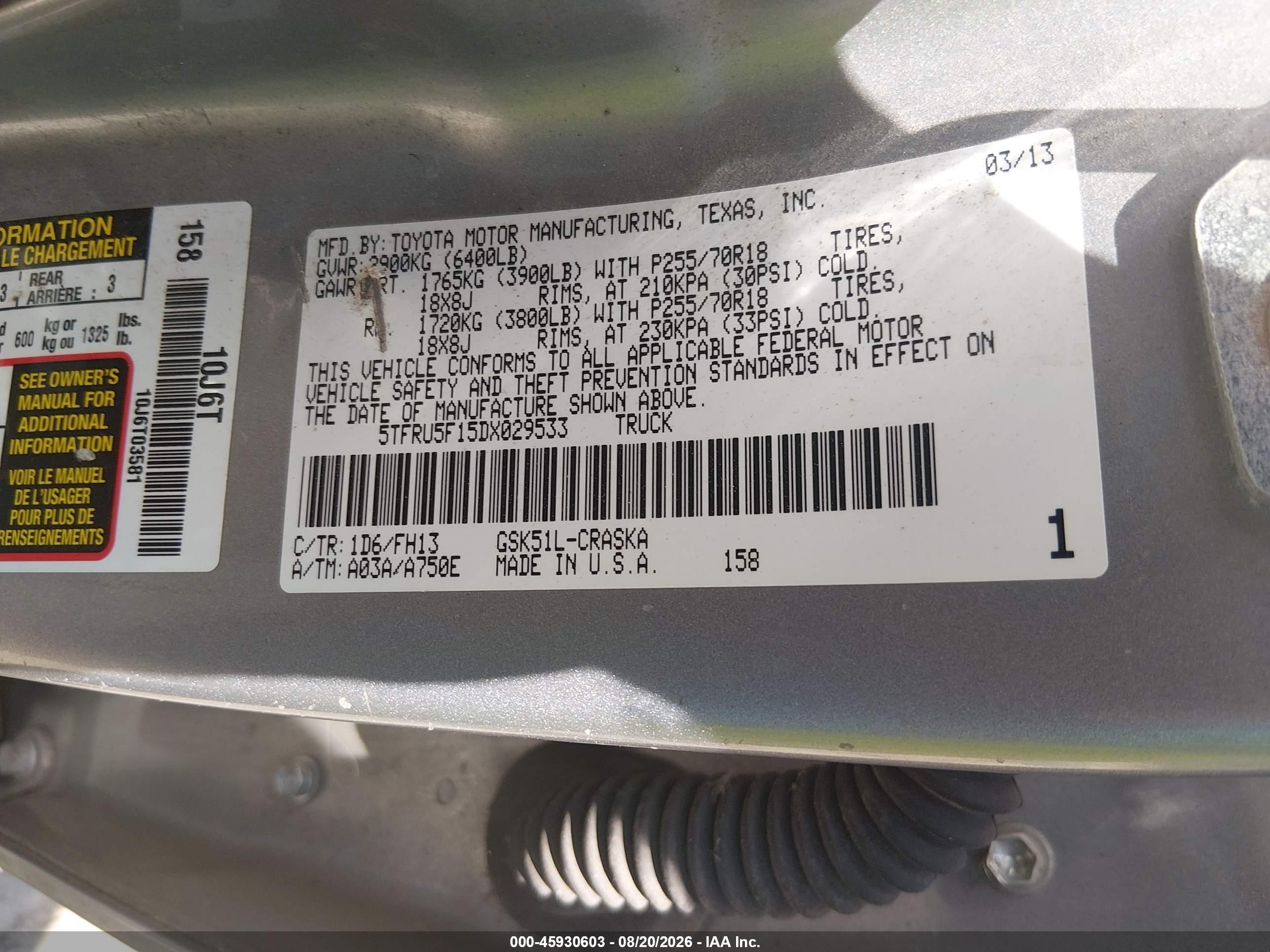 2013 Toyota Tundra Grade V6 Gray vin: 5TFRU5F15DX029533