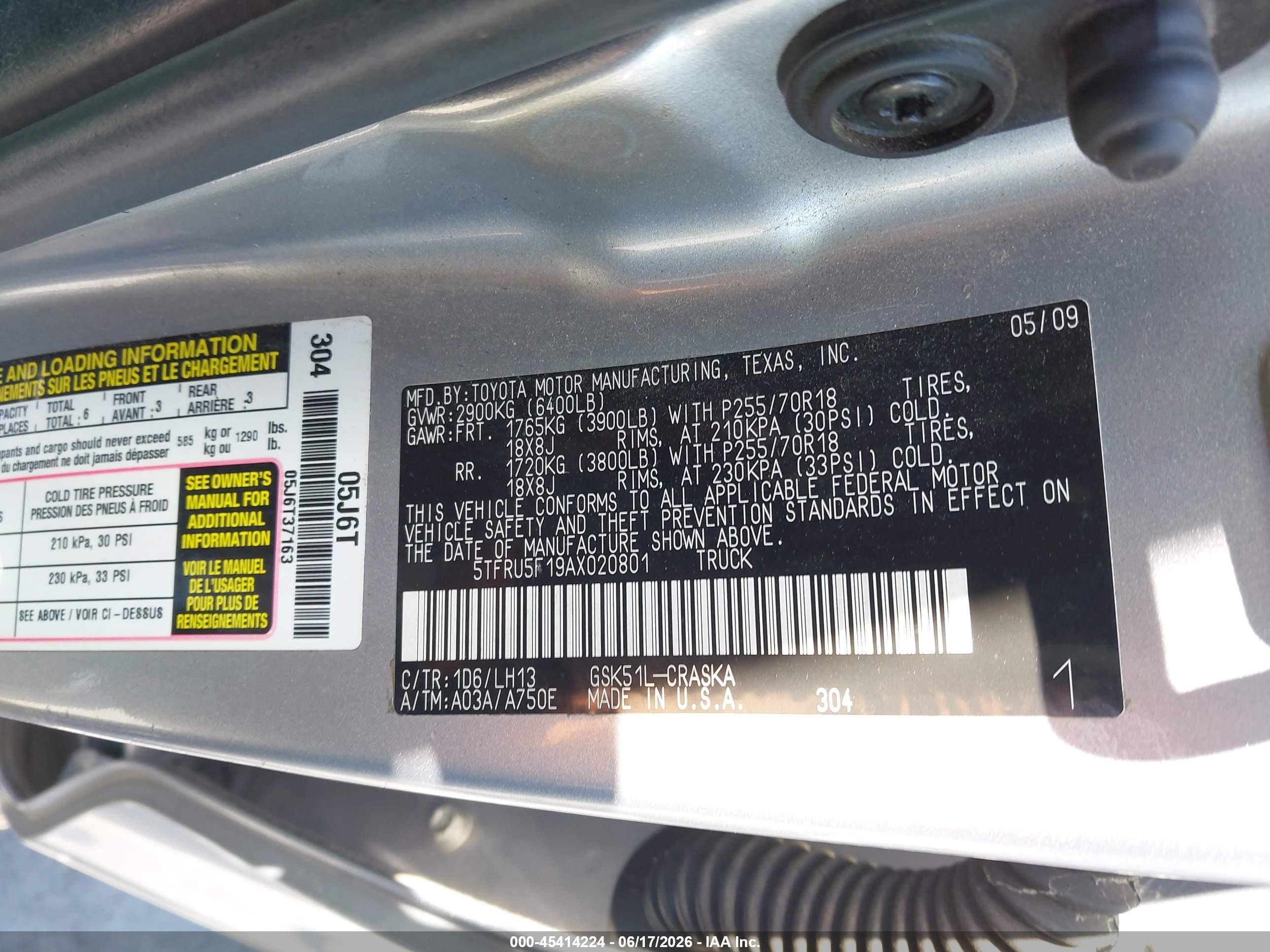 2010 Toyota Tundra Grade V6 Silver vin: 5TFRU5F19AX020801