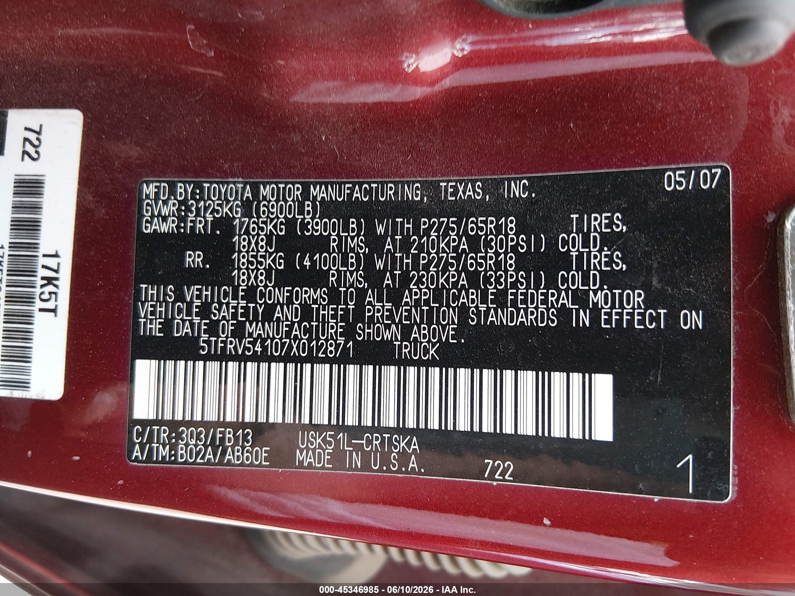 2007 Toyota Tundra Sr5 V8 Maroon vin: 5TFRV54107X012871