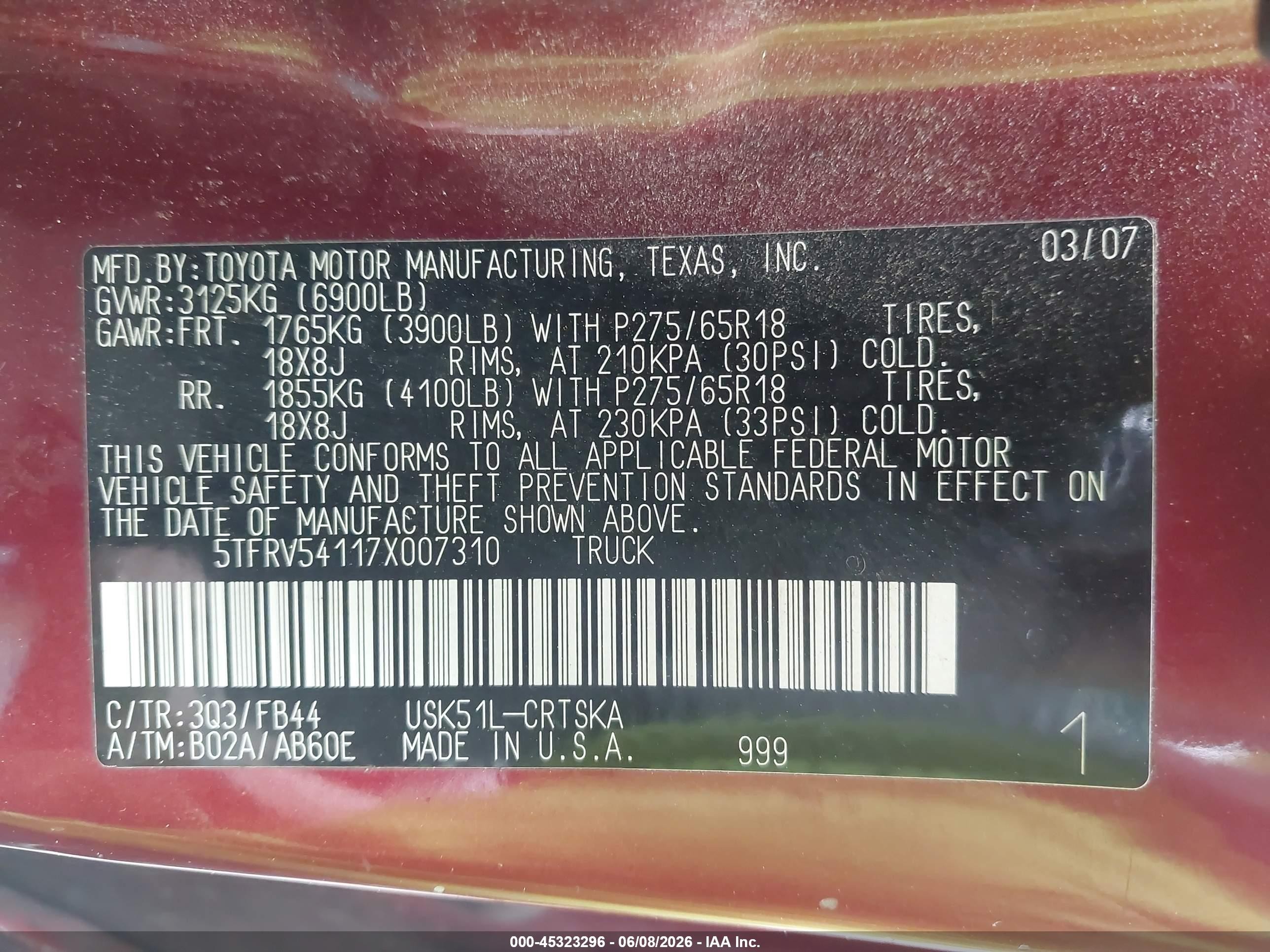 2007 Toyota Tundra Sr5 V8 Burgundy vin: 5TFRV54117X007310