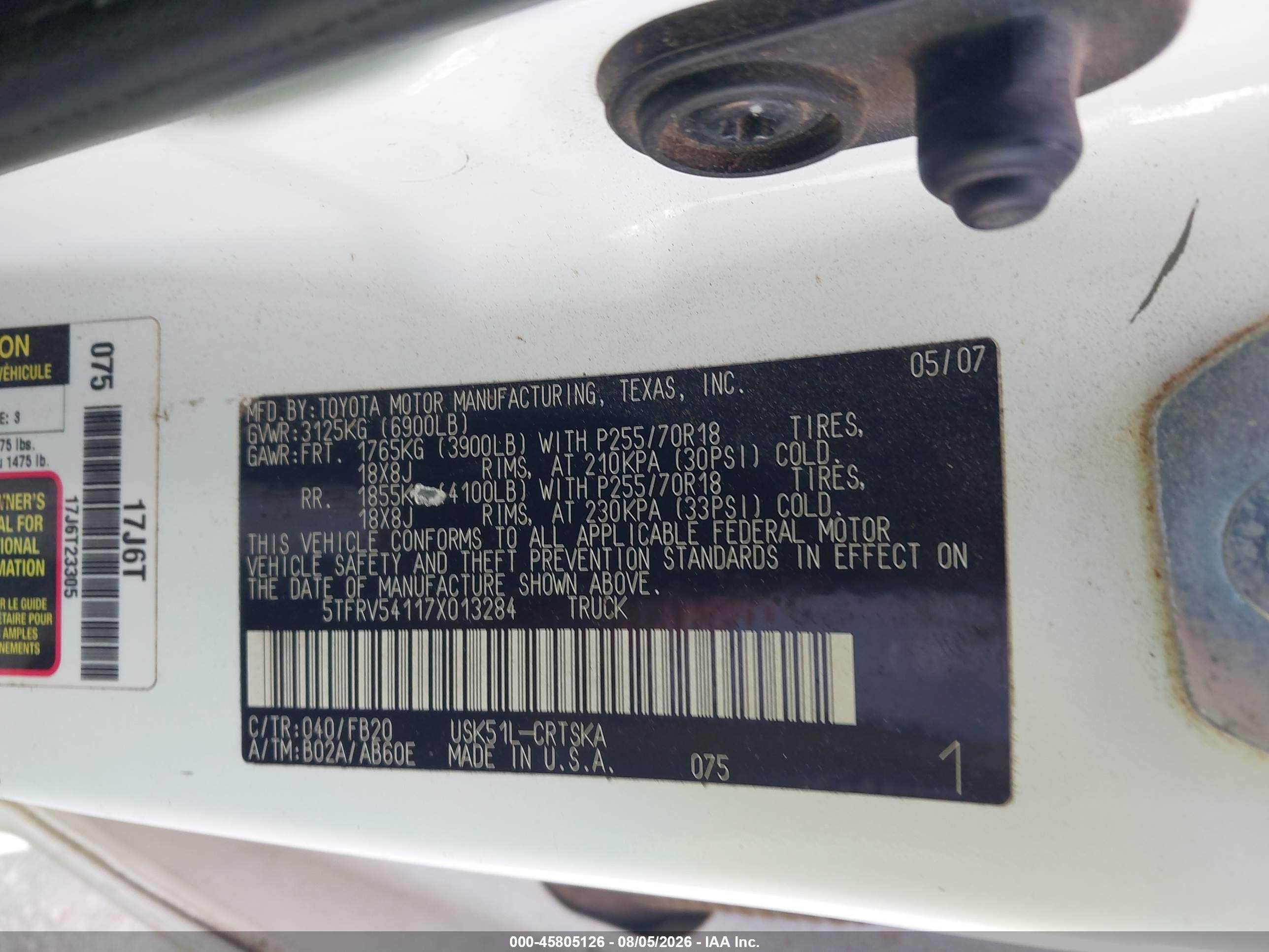 2007 Toyota Tundra Sr5 V8 White vin: 5TFRV54117X013284