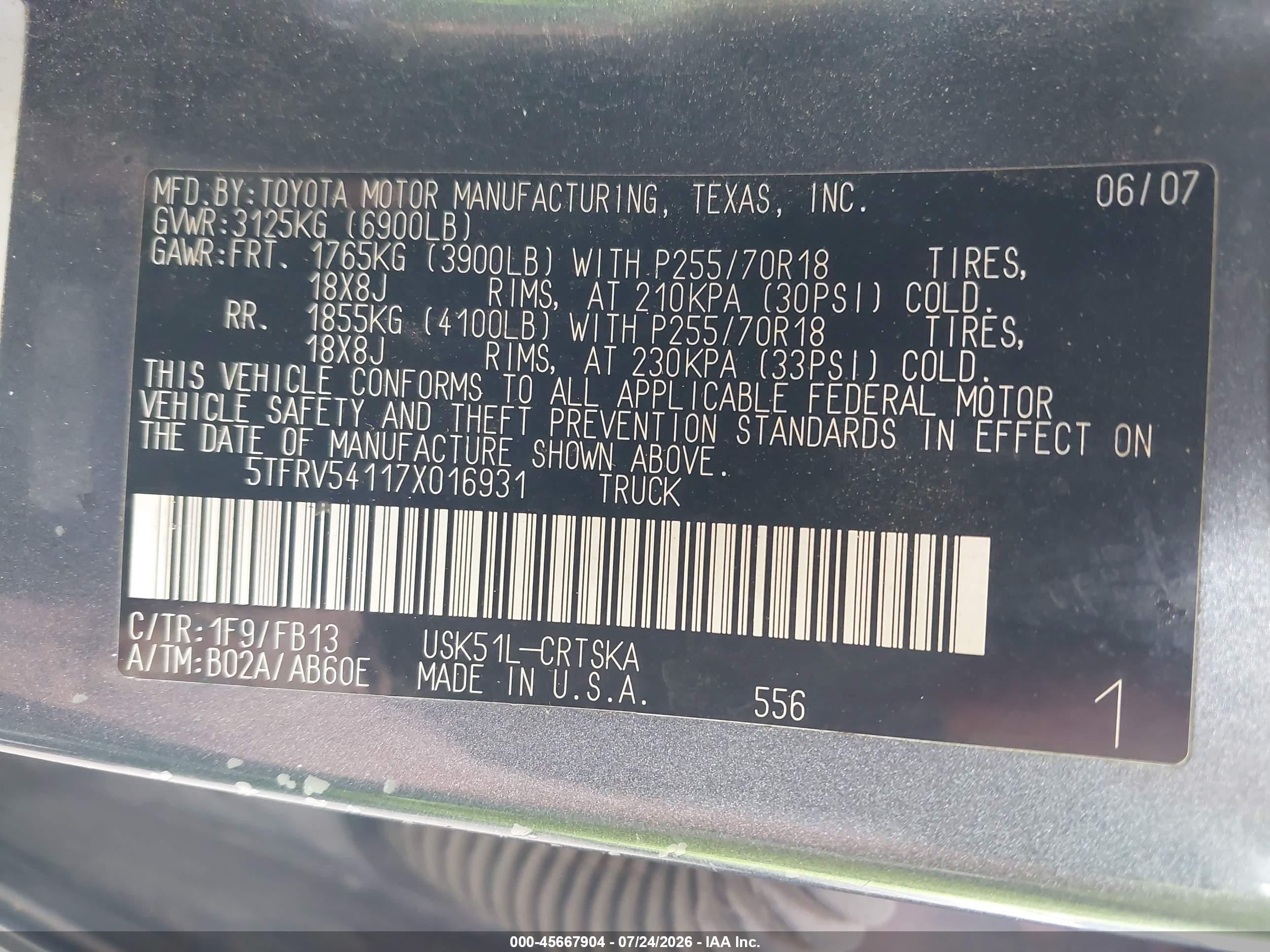2007 Toyota Tundra Sr5 V8 Gray vin: 5TFRV54117X016931