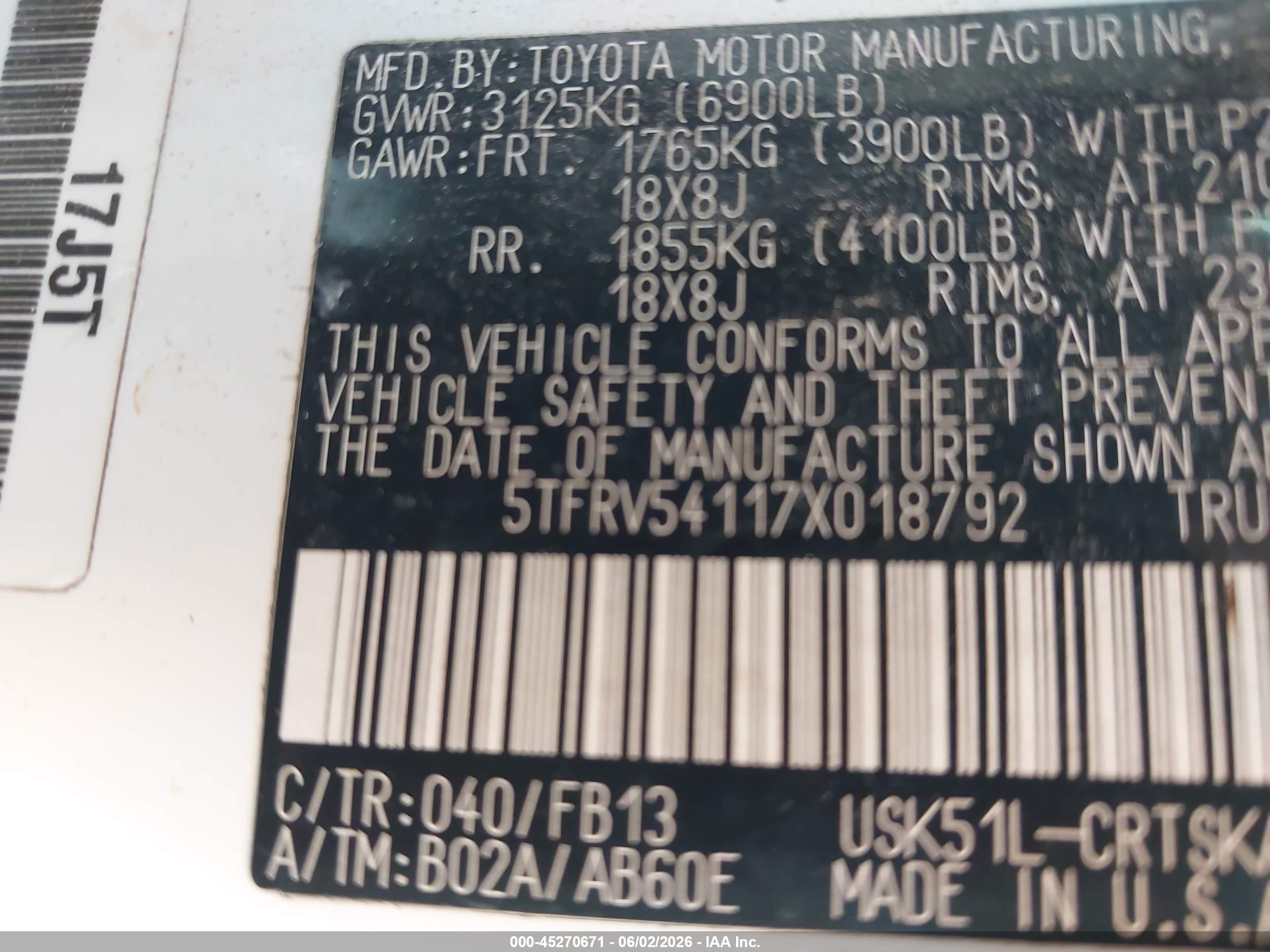 2007 Toyota Tundra Sr5 V8 White vin: 5TFRV54117X018792