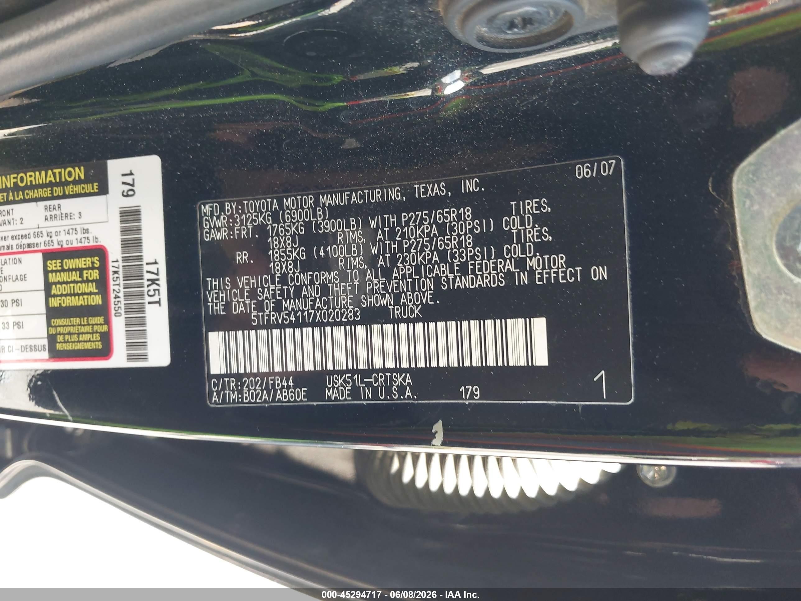 2007 Toyota Tundra Sr5 V8 Black vin: 5TFRV54117X020283